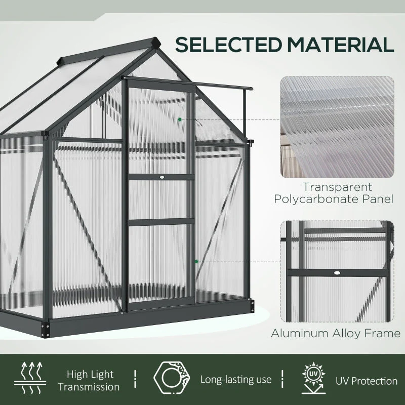 6x4ft Greenhouse, Polycarbonate Walk-In with Sliding Door & Aluminium Frame, Grey - Image 5