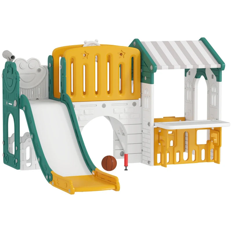 7-in-1 Children's Slide Indoor Playground with Climbing Frame and Playhouse, Yellow and Green Plastic - Image 2