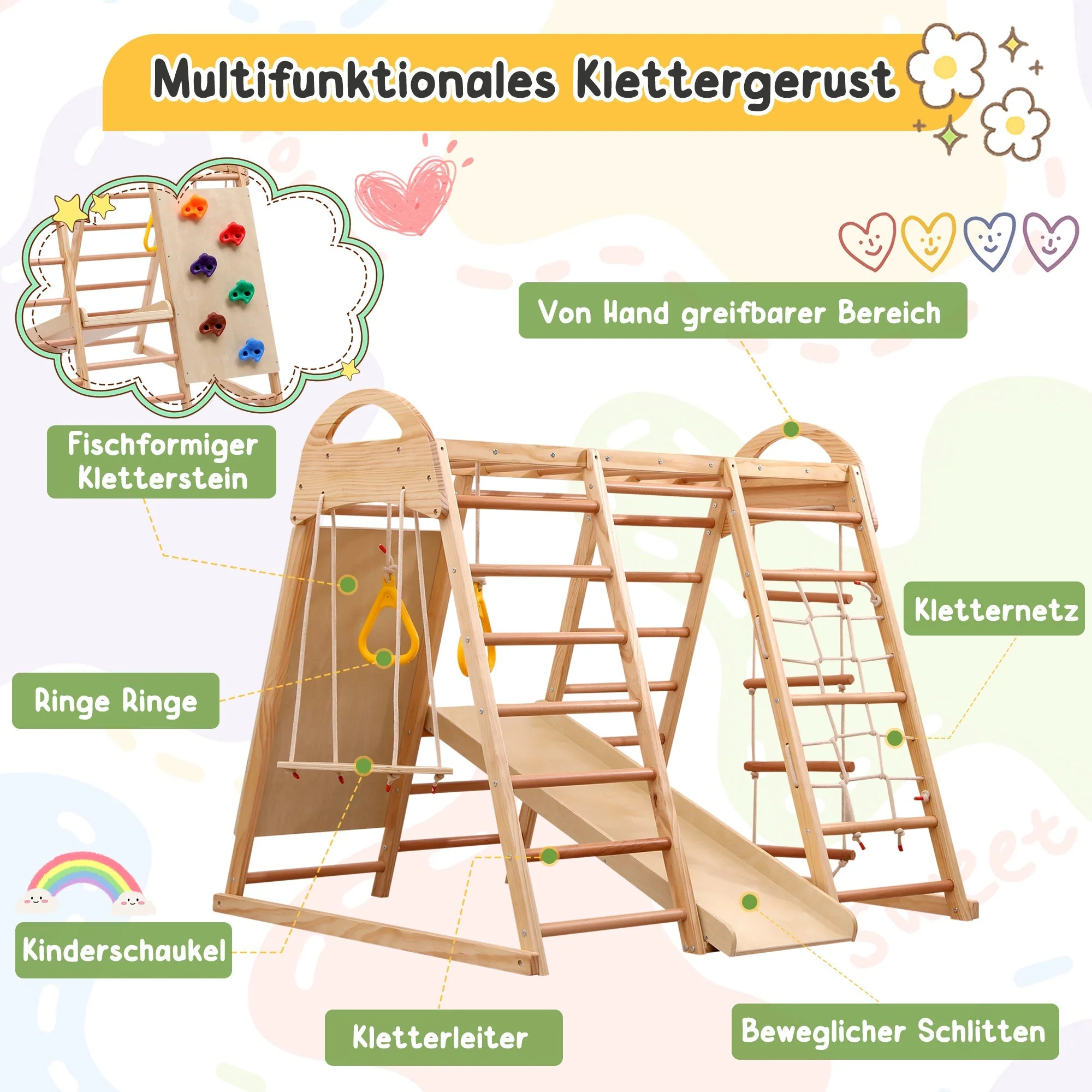 7-in-1 multifunctional climbing frame, solid wood plywood and beechwood - Image 7