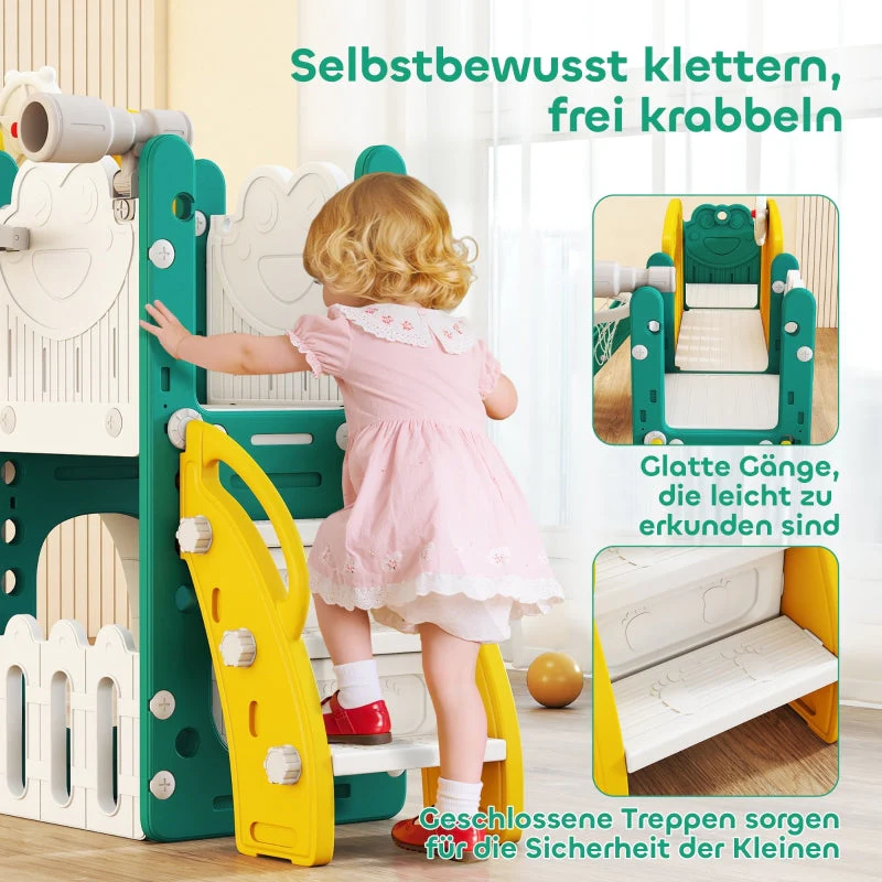 7-in-1 Toddler Slide Set with Basketball Hoop, Climbing Frame and Swing, Yellow and Green - Image 7