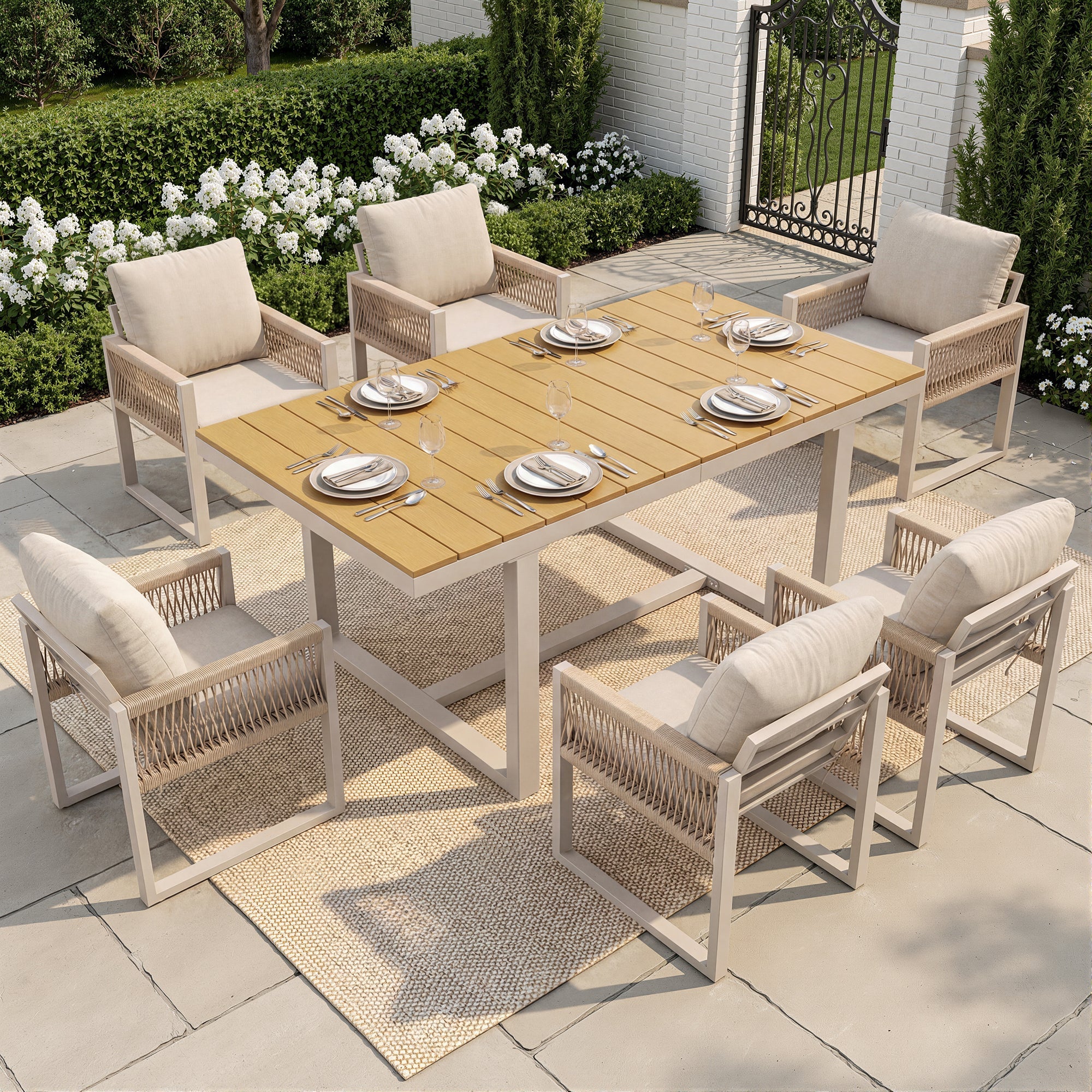 7-Piece Garden Dining Set with 1 Table and 6 Rope Weave Chairs, Weatherproof Cushions, Beige - Image 4