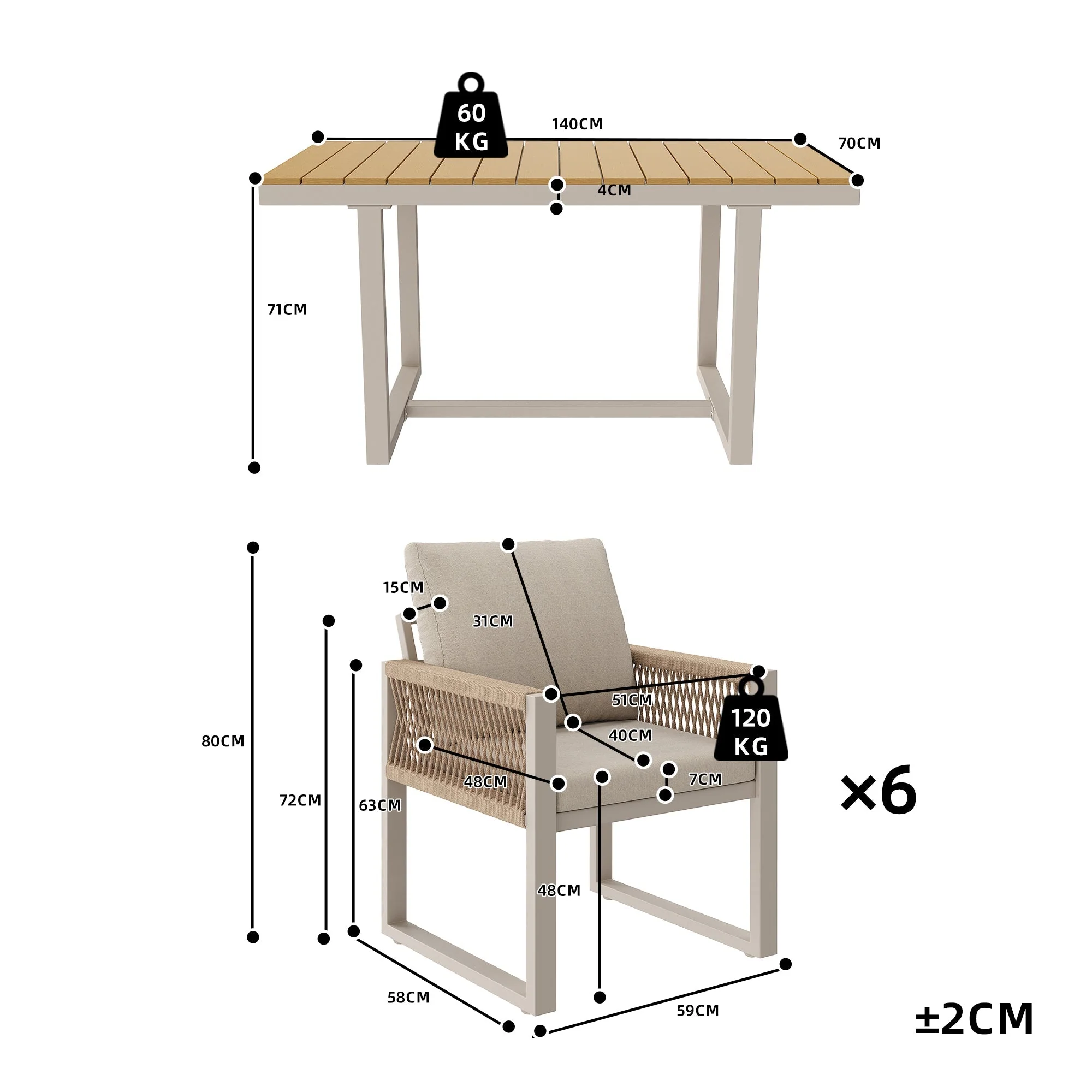 7-Piece Garden Dining Set with 1 Table and 6 Rope Weave Chairs, Weatherproof Cushions, Beige - Image 5