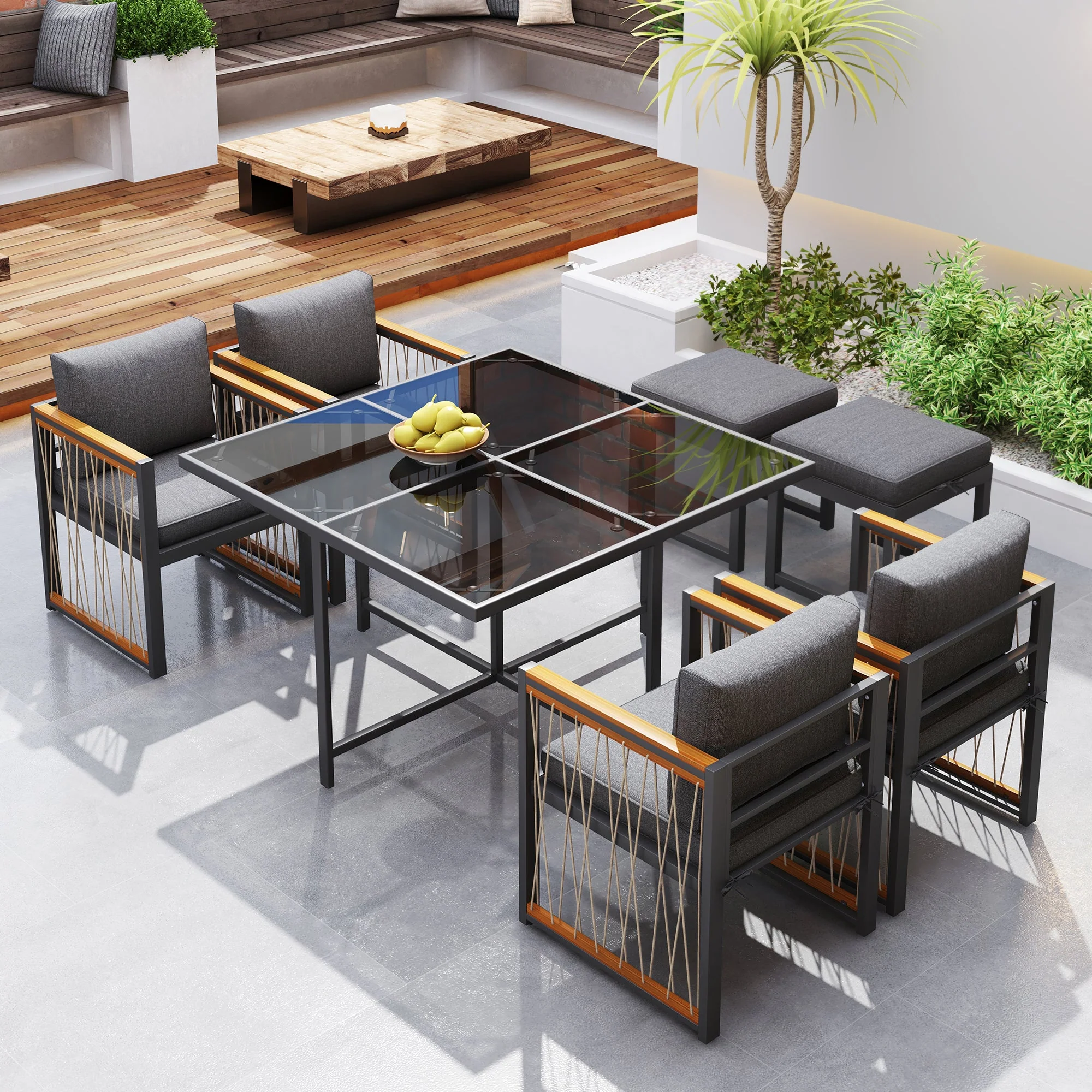 7-Piece Outdoor Dining Set for 6, Tempered Glass Table, Acacia Wood - Image 6