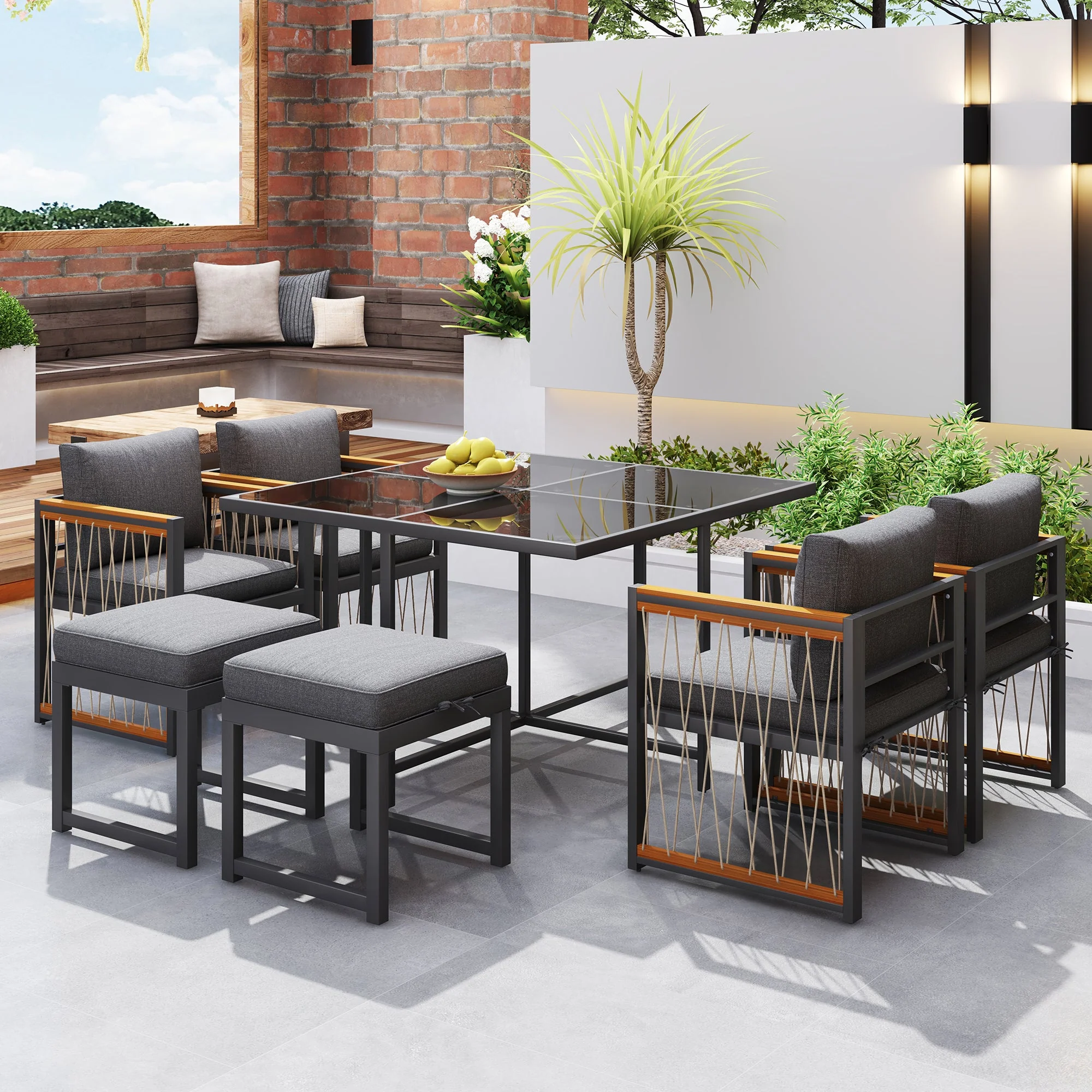7-Piece Outdoor Dining Set for 6, Tempered Glass Table, Acacia Wood - Image 8