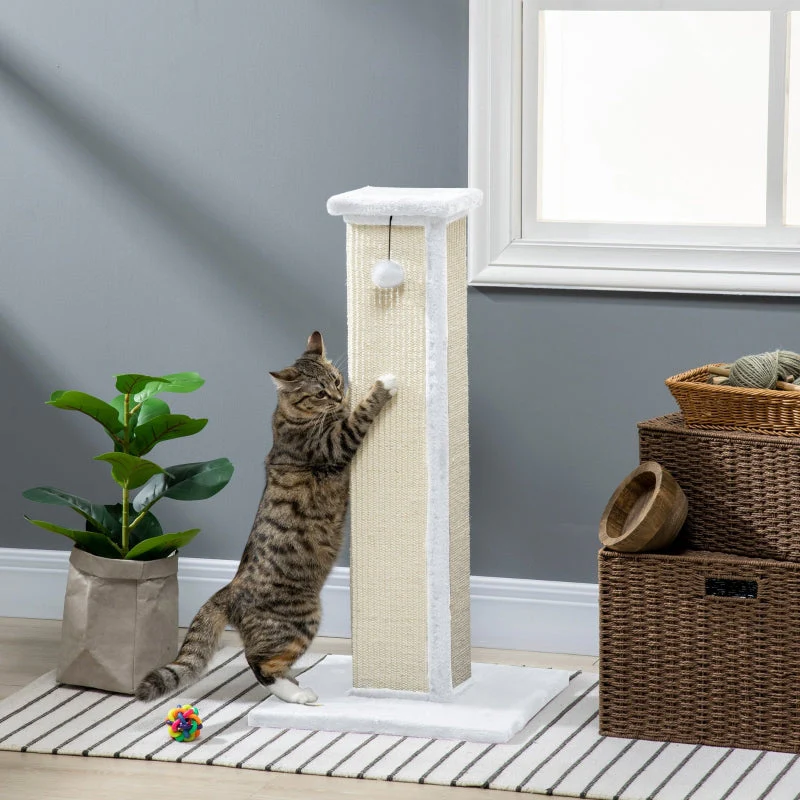 81cm Cat Scratcher, Vertical Full Scratcher with Sisal Rope and Hanging Ball, White - Image 2