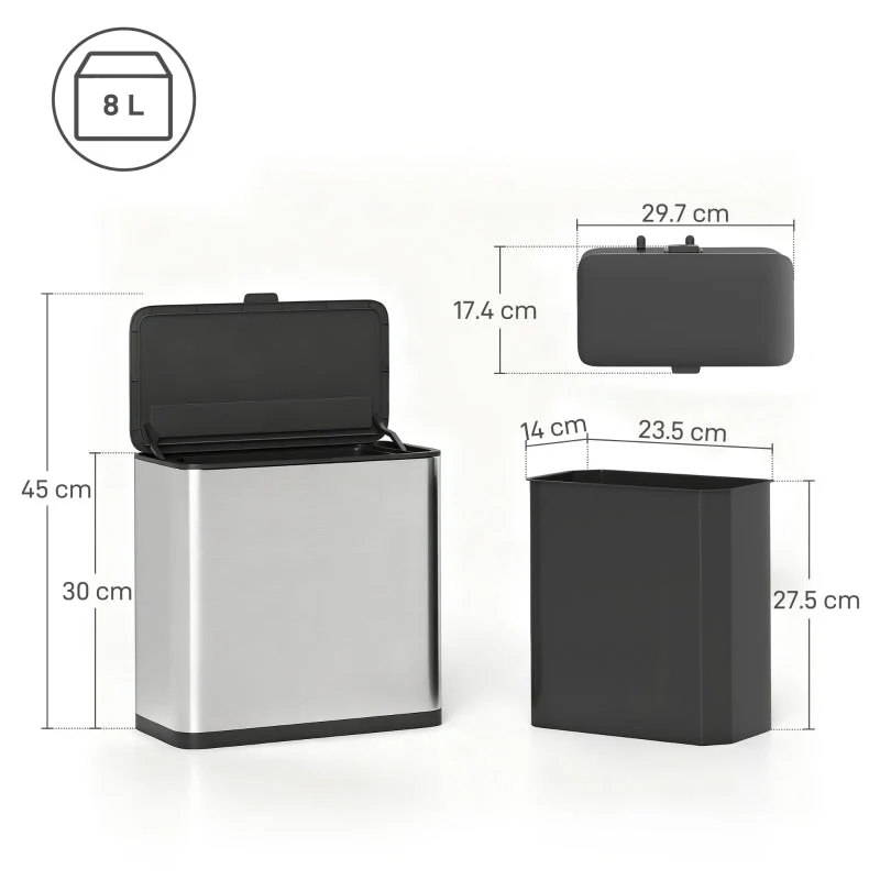 8L Hanging Kitchen Bin with Lid and Removable Inner Bucket, Stainless Steel - Image 3