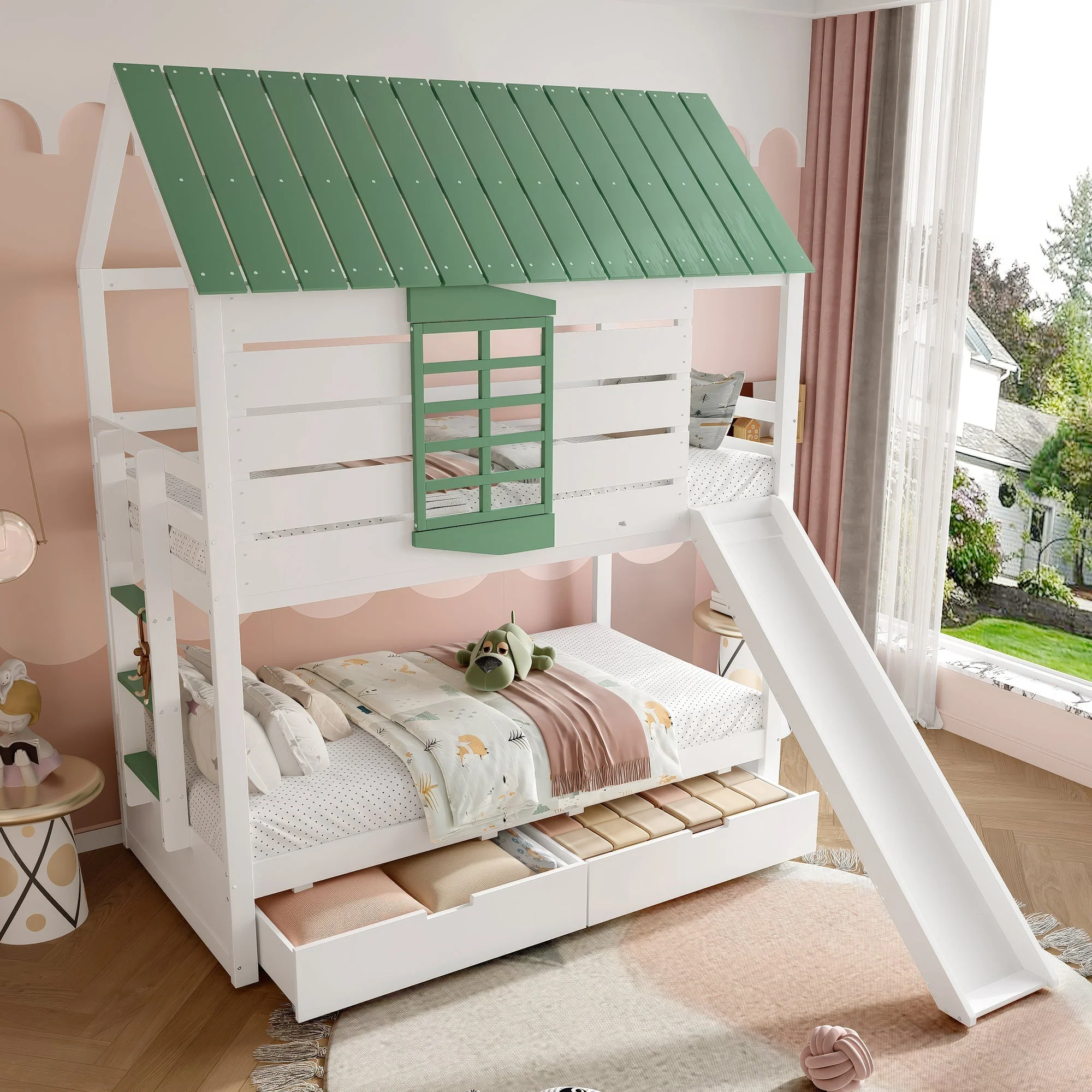 90X200 House Bunk Bed with Slide and 2 Drawers, White+Green - Image 3