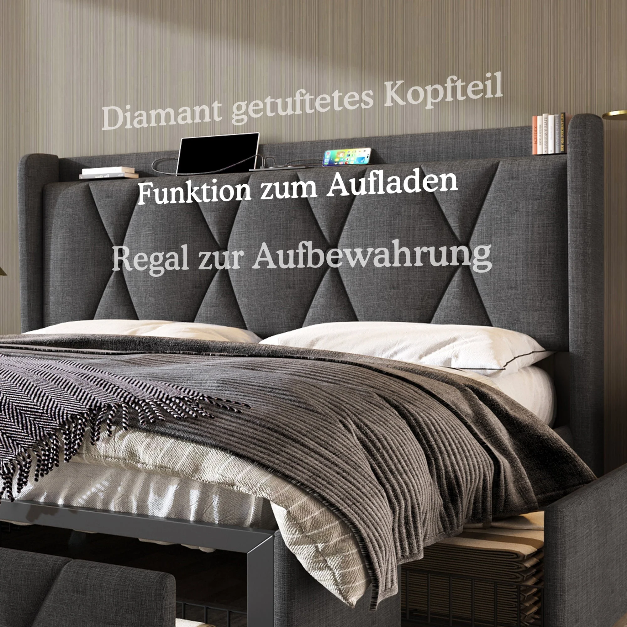 AB20485152G Upholstered Bed with USB Charging, 4 Drawers and Slatted Base, 160x200cm, Grey Linen - Image 5