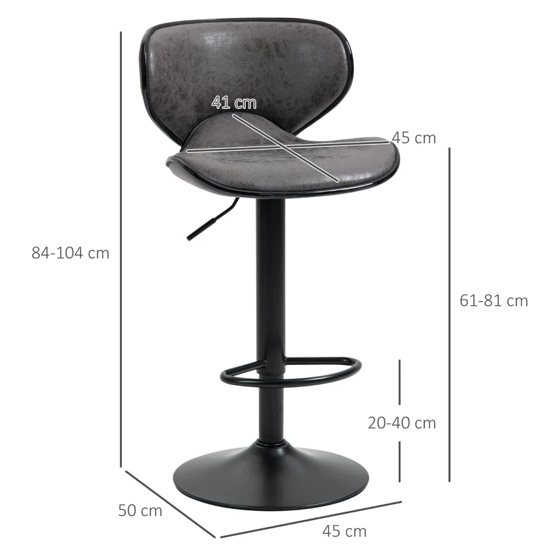 Adjustable Bar Stools Set of 2, Swivel Upholstered with Back and Footrest, Dark Grey Leathaire - Image 3