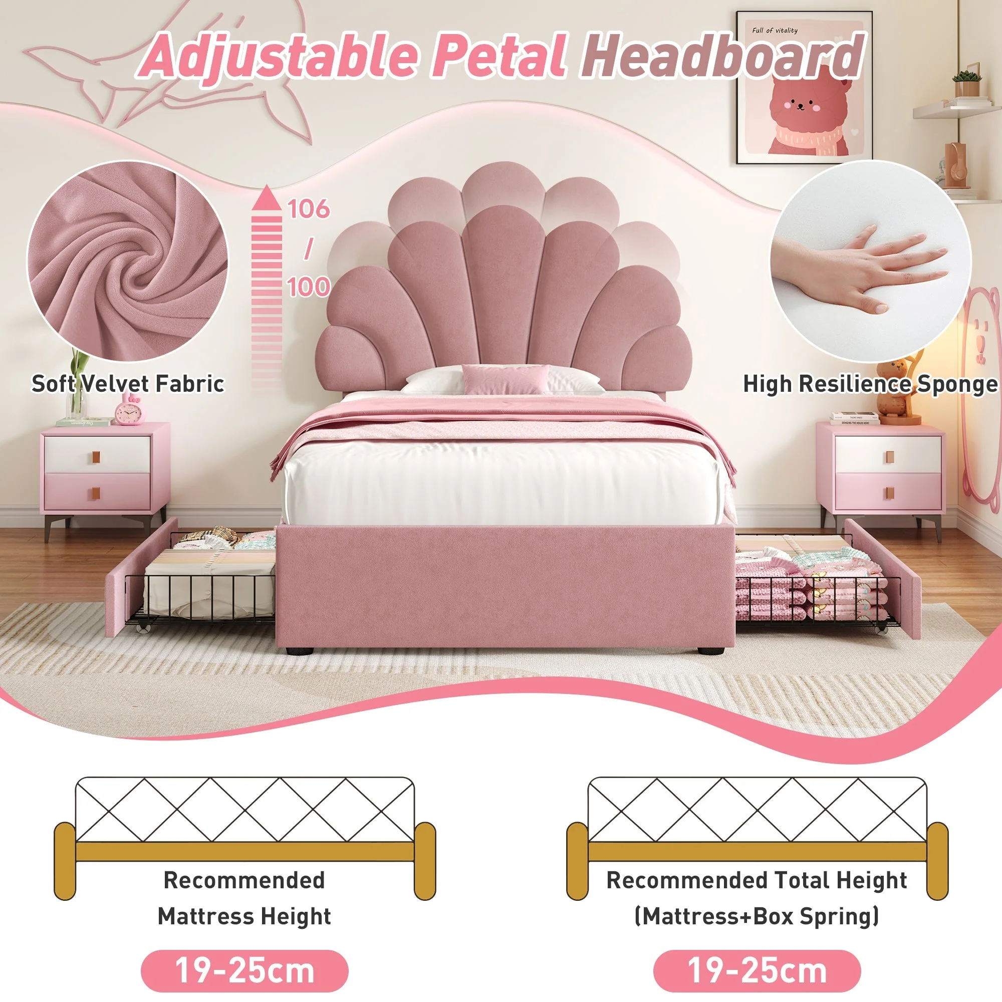 Adjustable Chic Petal Headboard 3ft Single Upholstered Bed with 2 Storage Drawers, Pink Velvet - Image 4