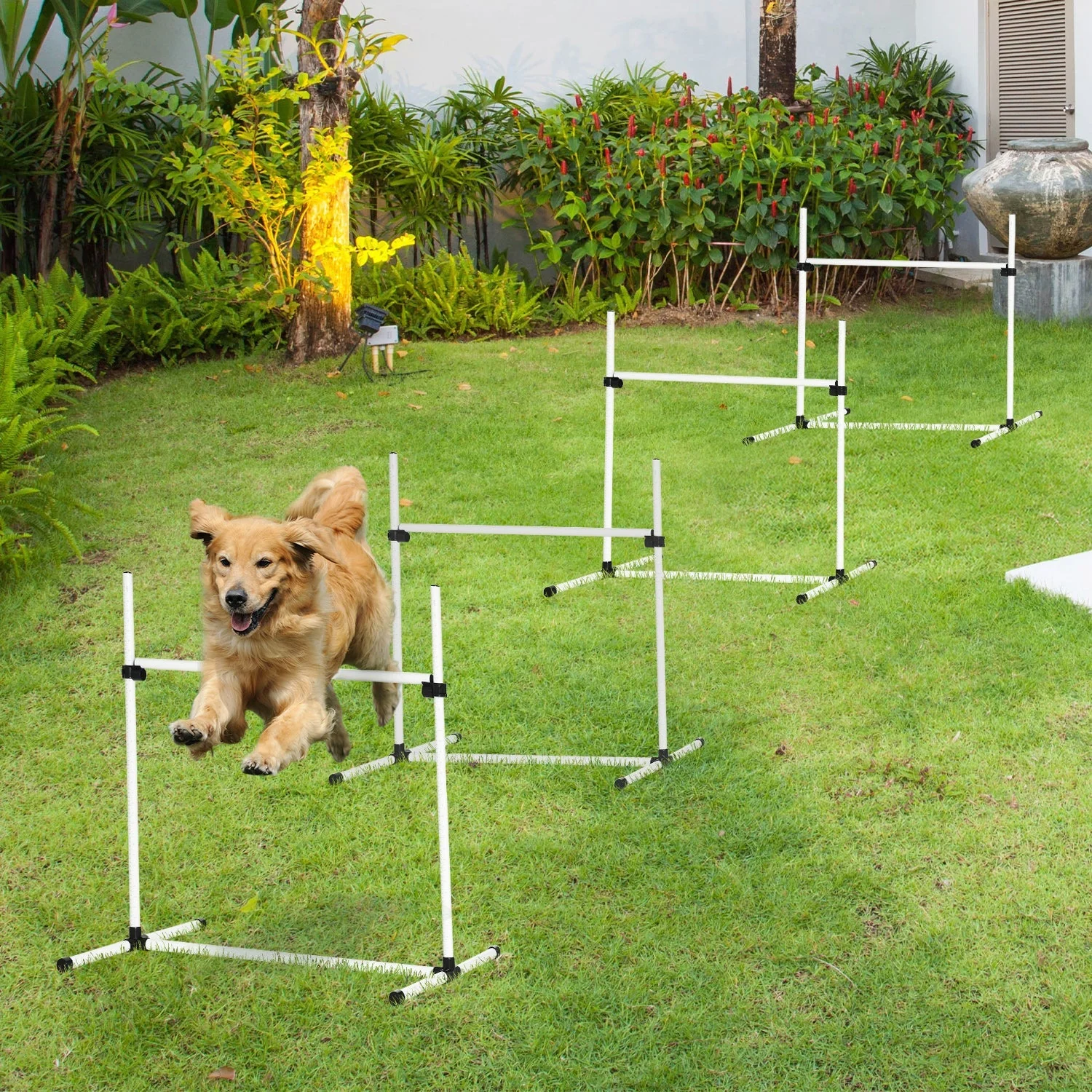 Agility Hurdle Set, 4 Hurdles Slalom Poles, Plastic White