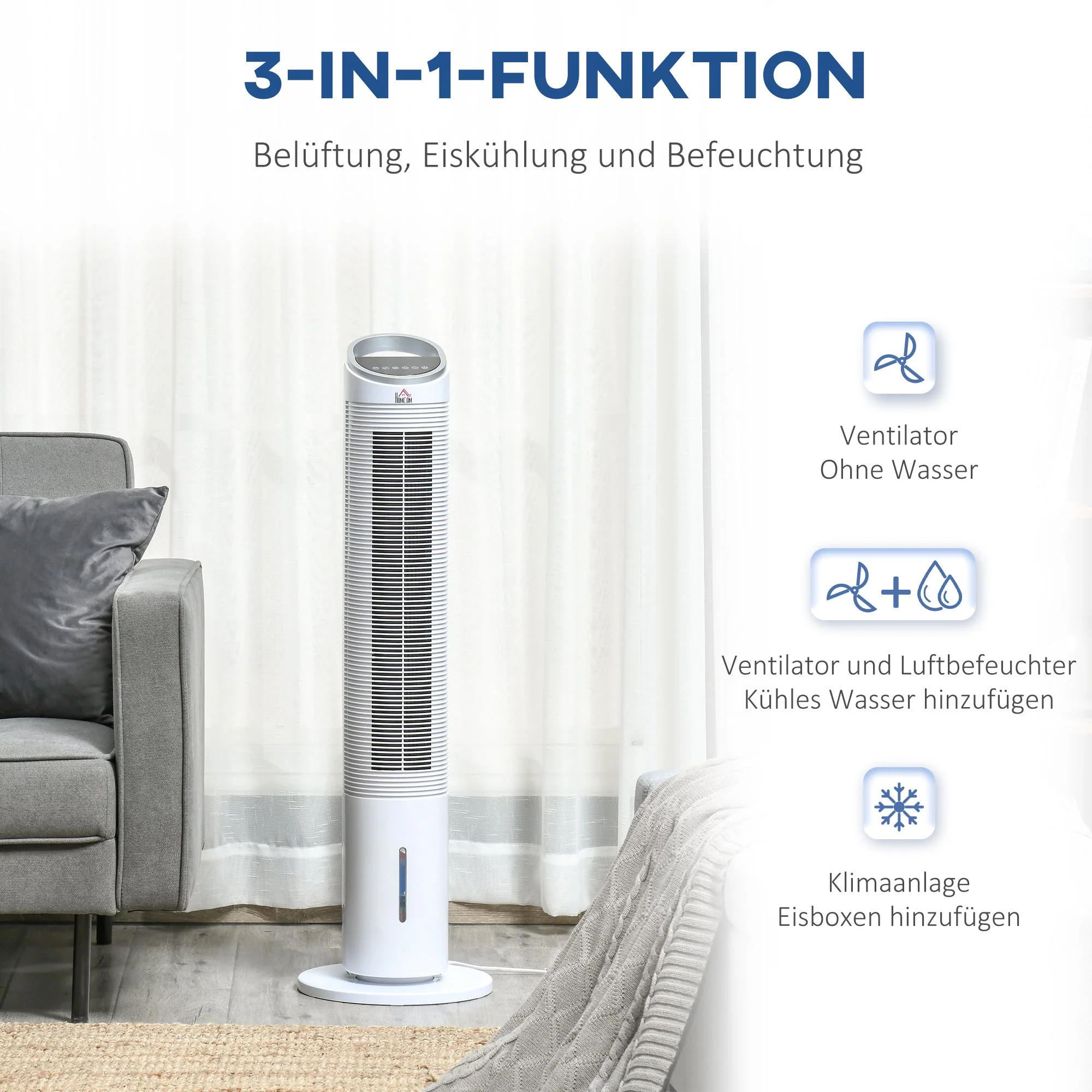 Air Cooler Tower Fan, Water Cooling, 60W, Humidification, 8h Timer, Remote Control - Image 6