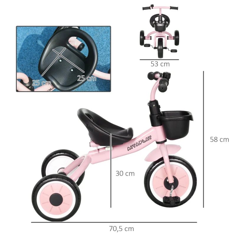 AIYAPLAY tricycle for children with height-adjustable seat, bell, bicycle basket, metal frame, pink - Image 3