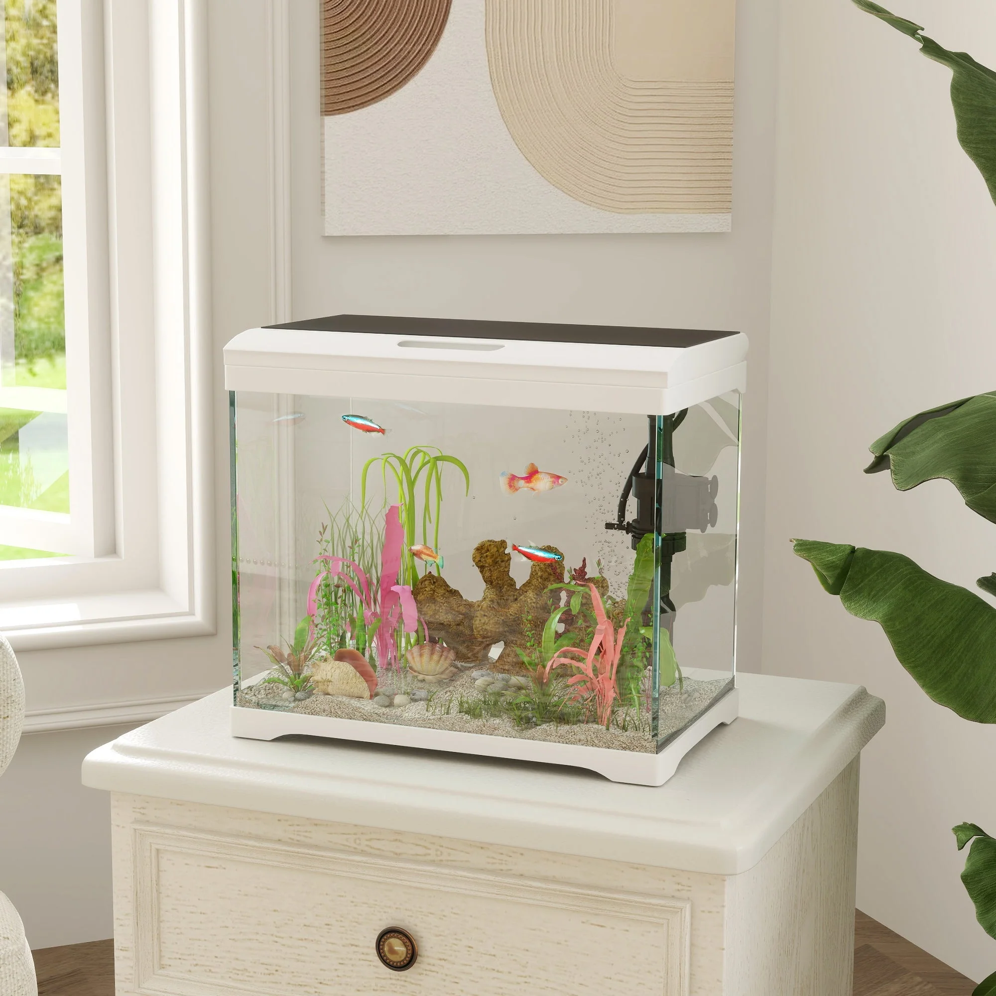 Aquarium, 17L Fish Tank with LED Lighting & Filter System, White - Image 3