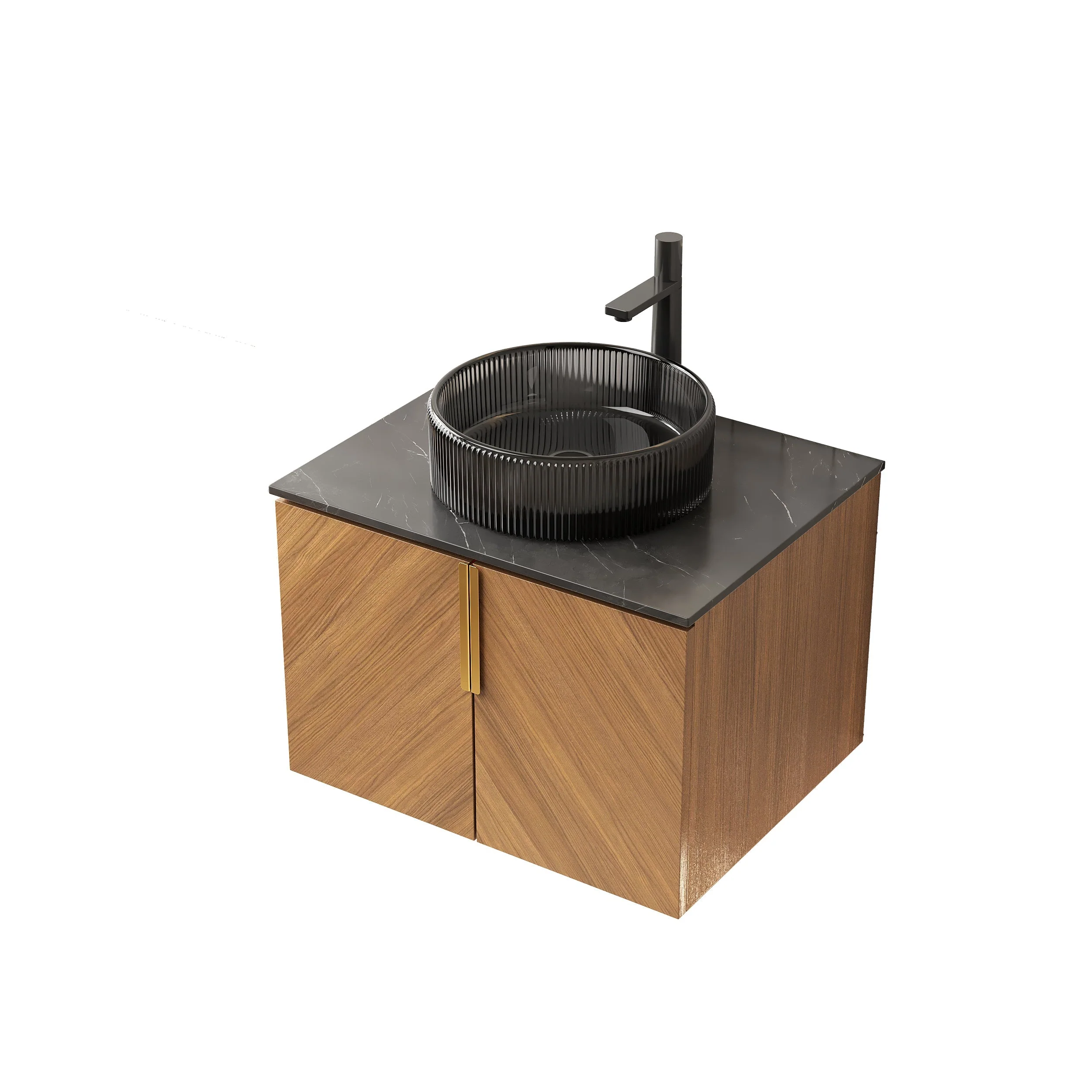 ARAI 61cm Wall Mount Bathroom Vanity with Black Round Glass Basin and 2 Doors, Espresso Wood Grain - Image 4