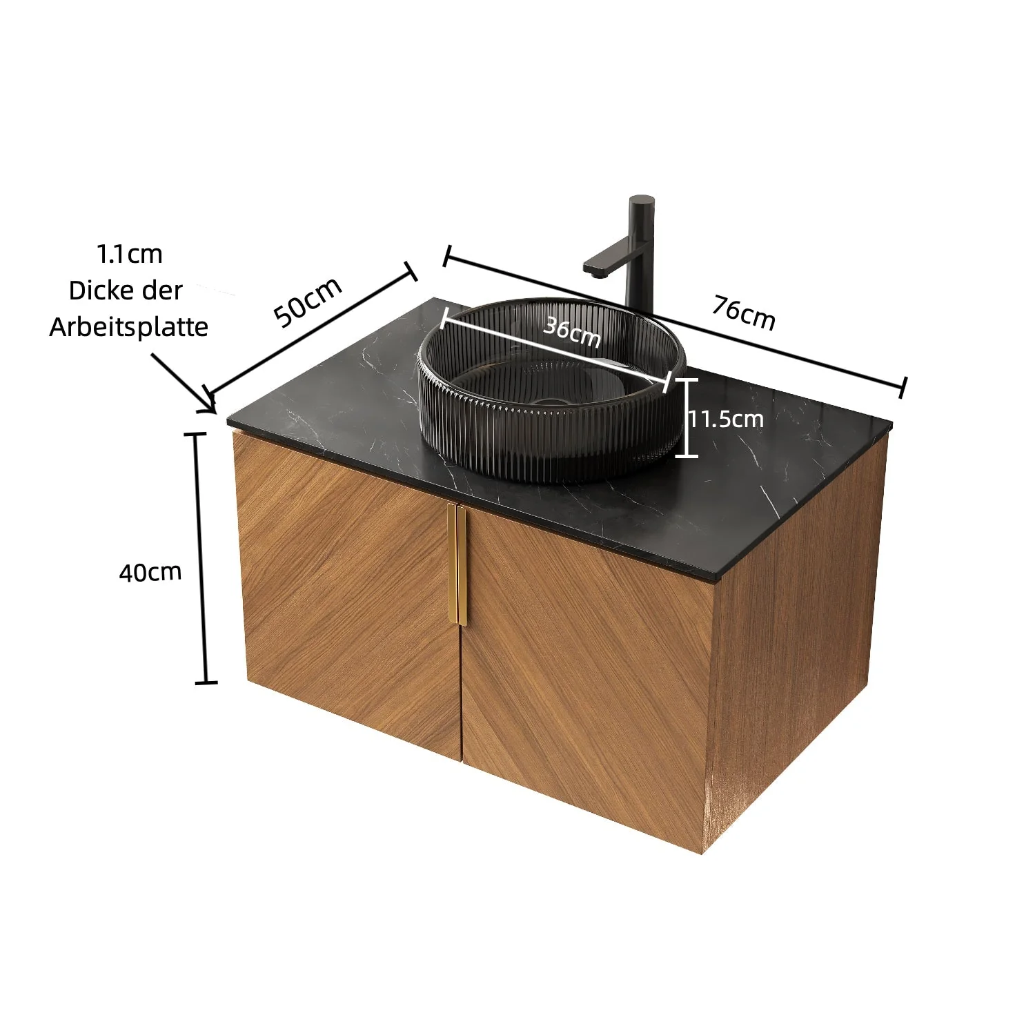 ARAI 76cm Wall Mount Bathroom Vanity with Black Glass Basin, Espresso Wood Grain - Image 5