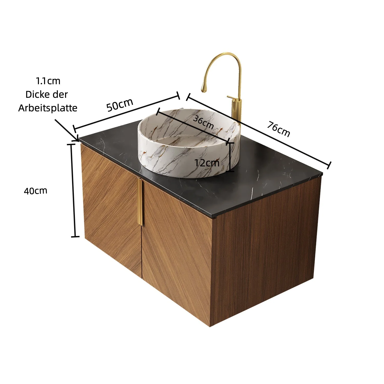 ARAI 76cm Wall-Mounted Bathroom Vanity Unit with White Ceramic Basin, Black Sintered Stone Countertop, Espresso Plywood - Image 5