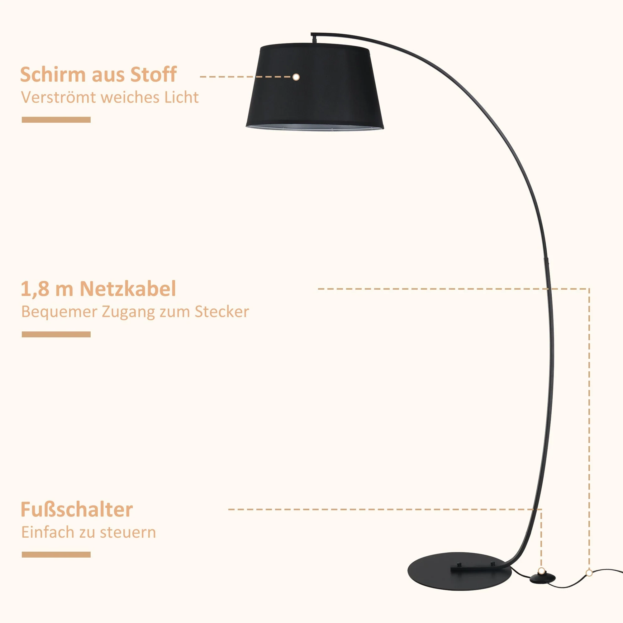 Arc lamp floor lamp Arc modern made of metal linen black - Image 6