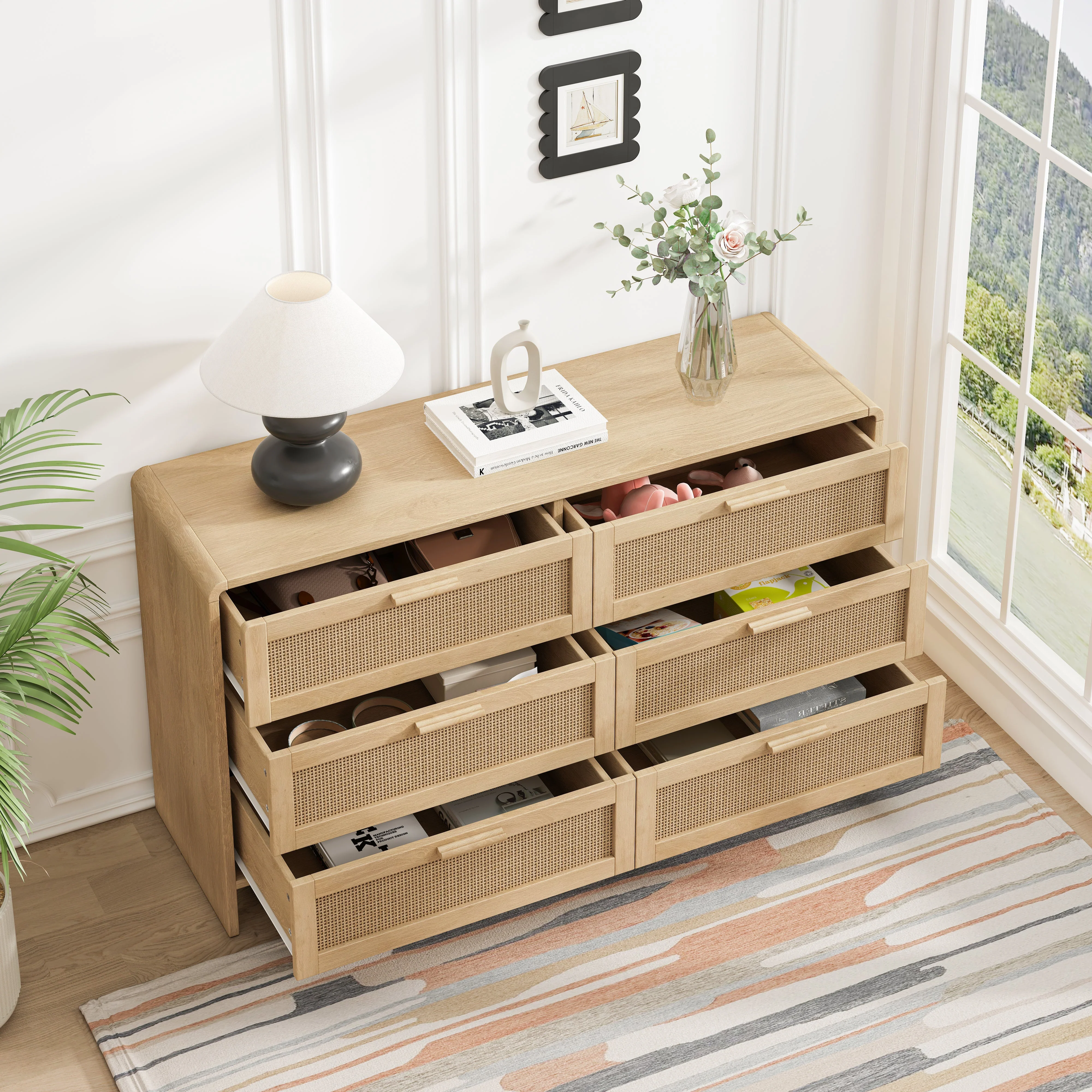 Arc Shaped Corner Cabinet, 6-Drawers Rattan Storage, Natural - Image 3