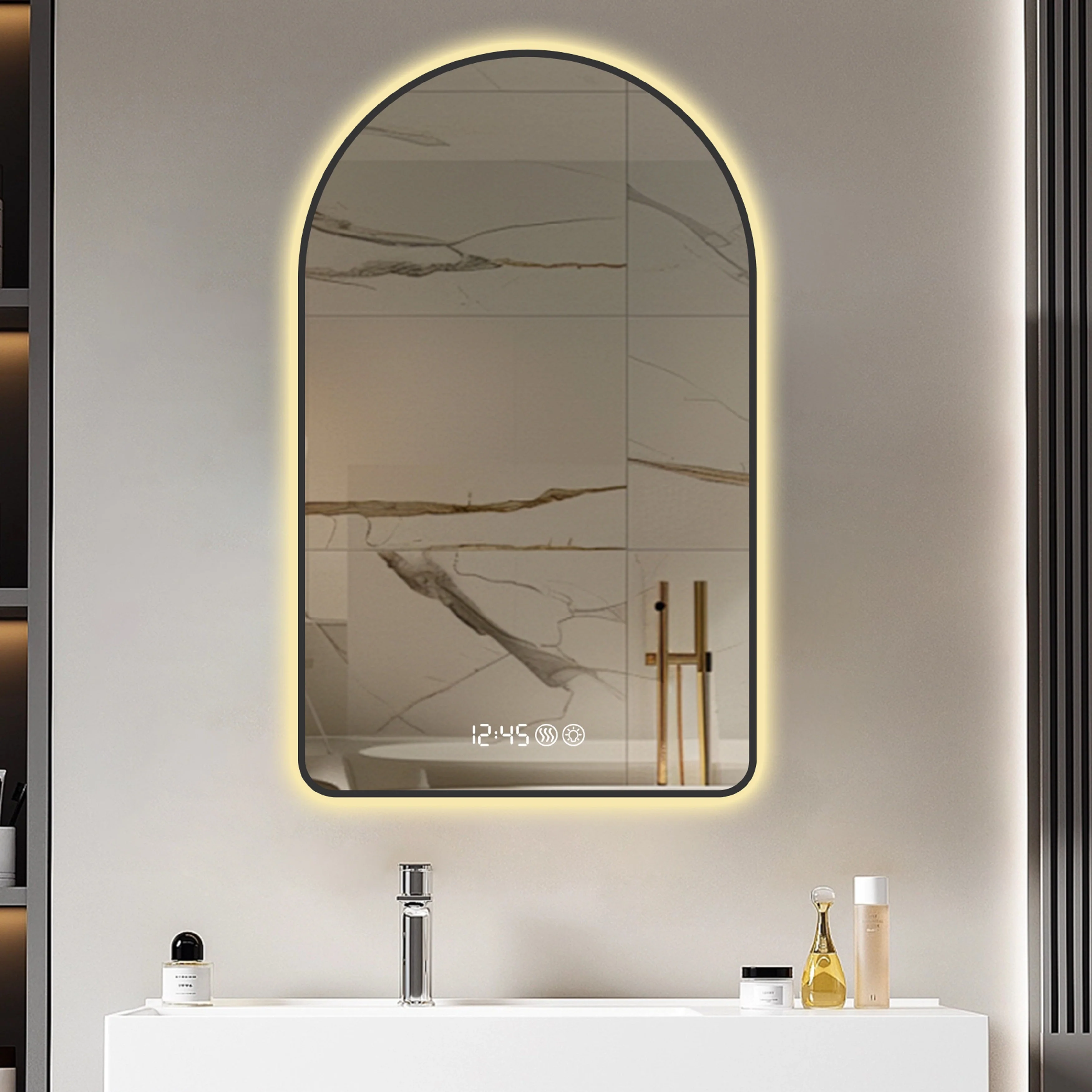 Arched LED Bathroom Mirror 60x120cm, Anti-Fog, Dimmable, Temp Display, Black Frame - Image 6