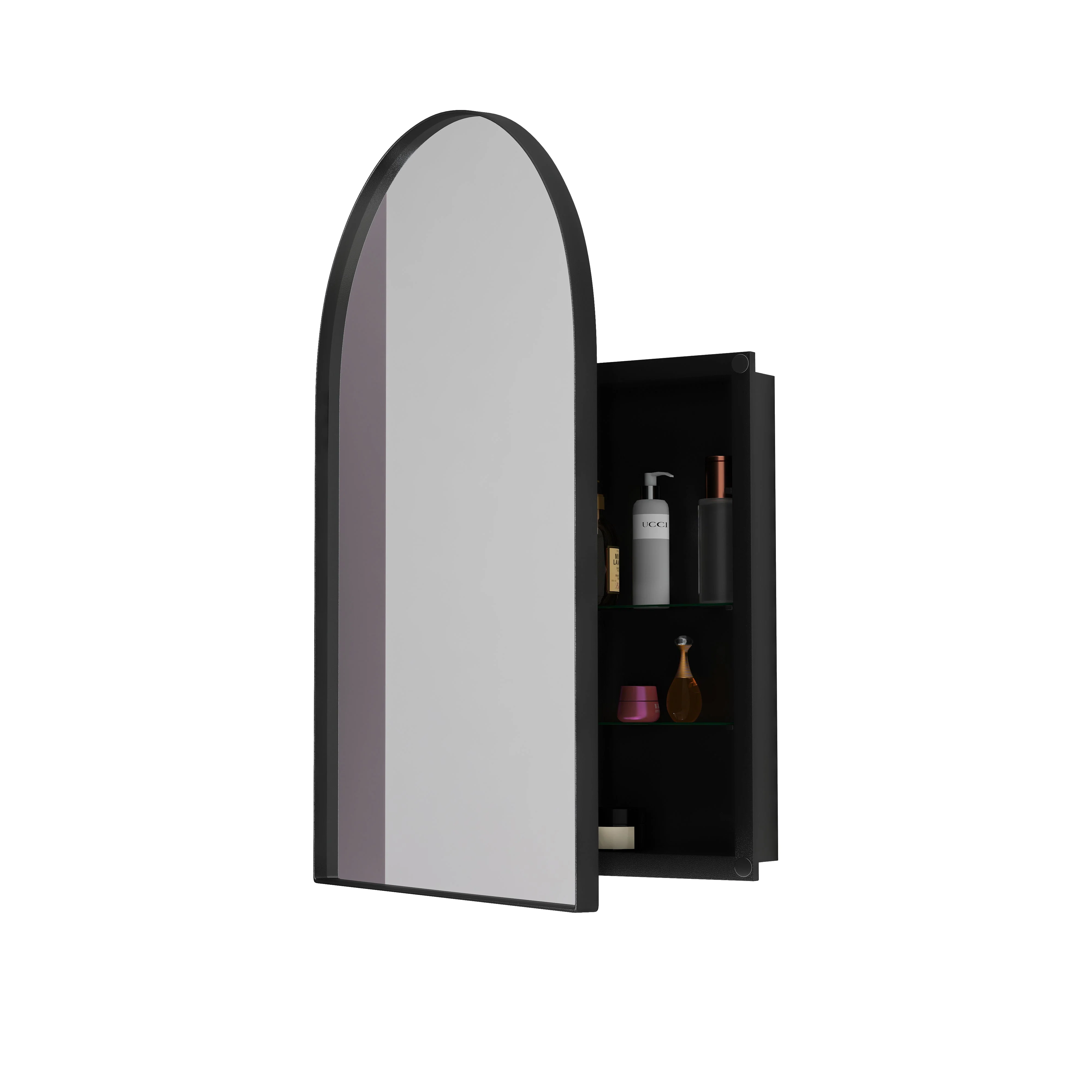 Arched Mirror Cabinet, Recessed Medicine Wall Storage, Black Metal Framed - Image 8
