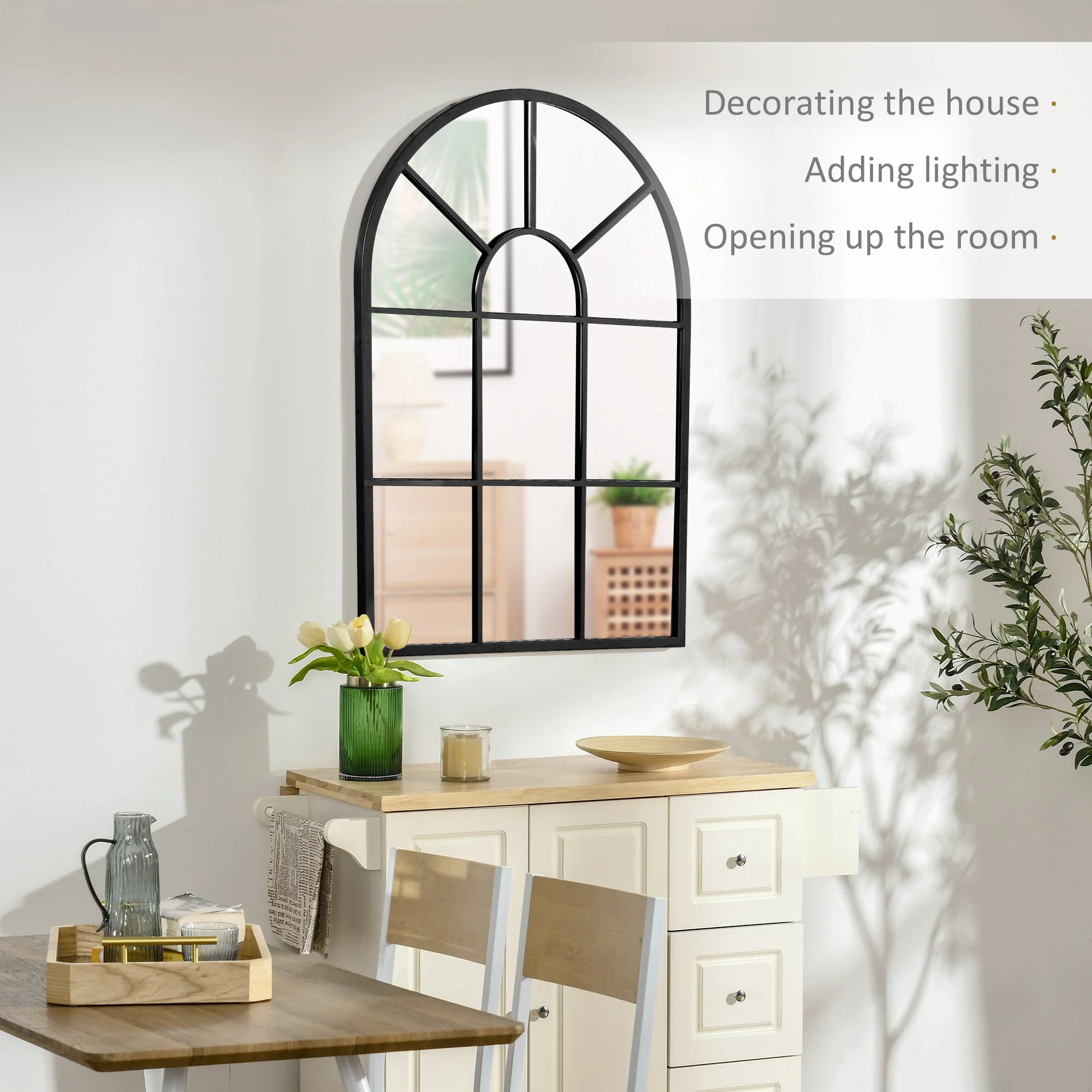 Arched Wall Mirror Modern, Window Style 91 x 60 cm, Black - Image 4