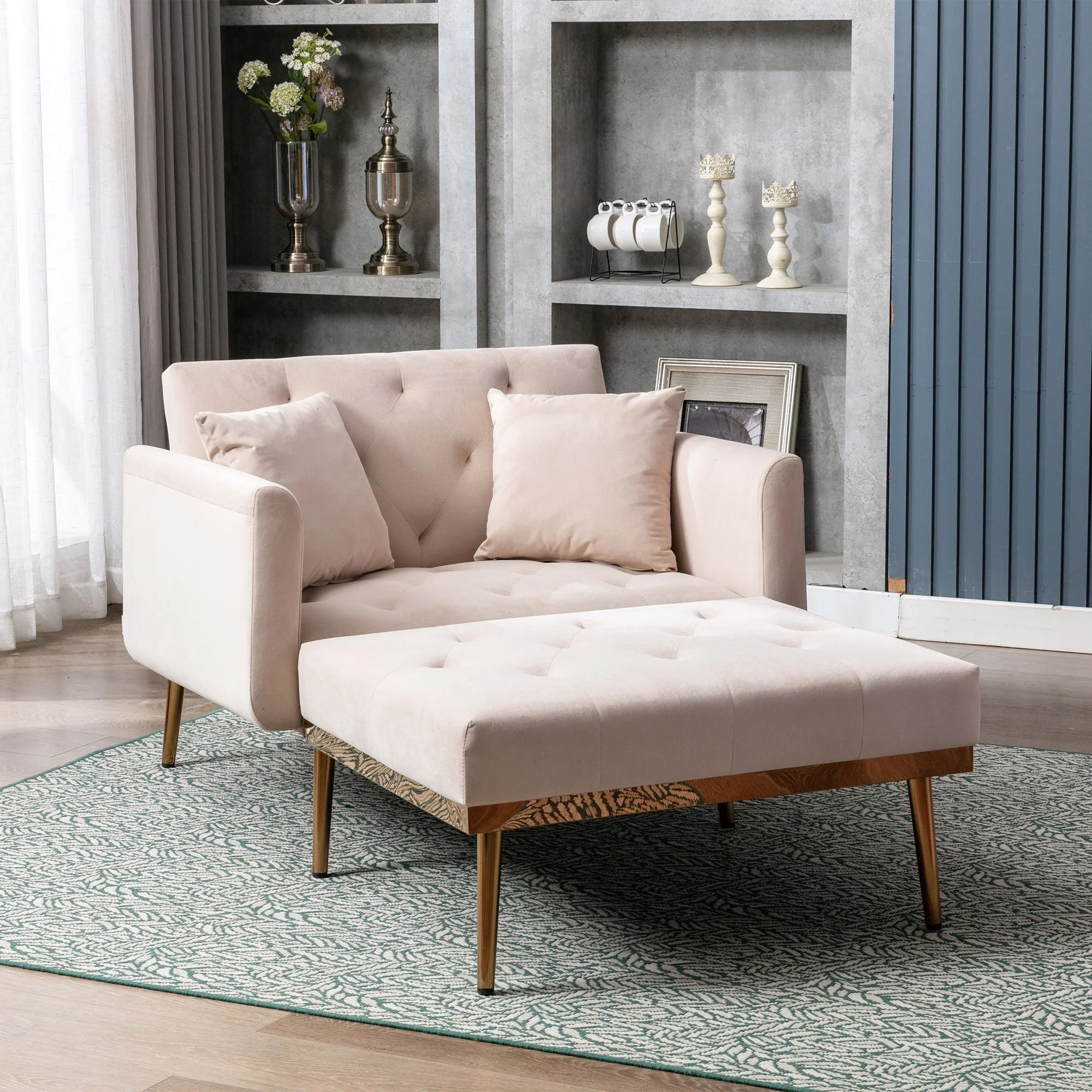 Armchair, Adjustable Backrest Recliner Folding Sofa, Beige - Image 10