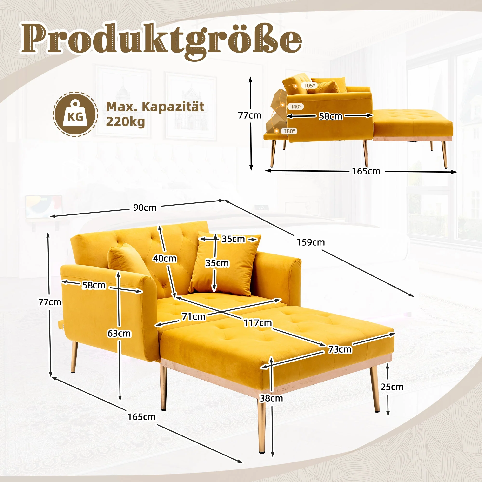 Armchair, Adjustable Backrest Recliner Folding Sofa, Mango - Image 9