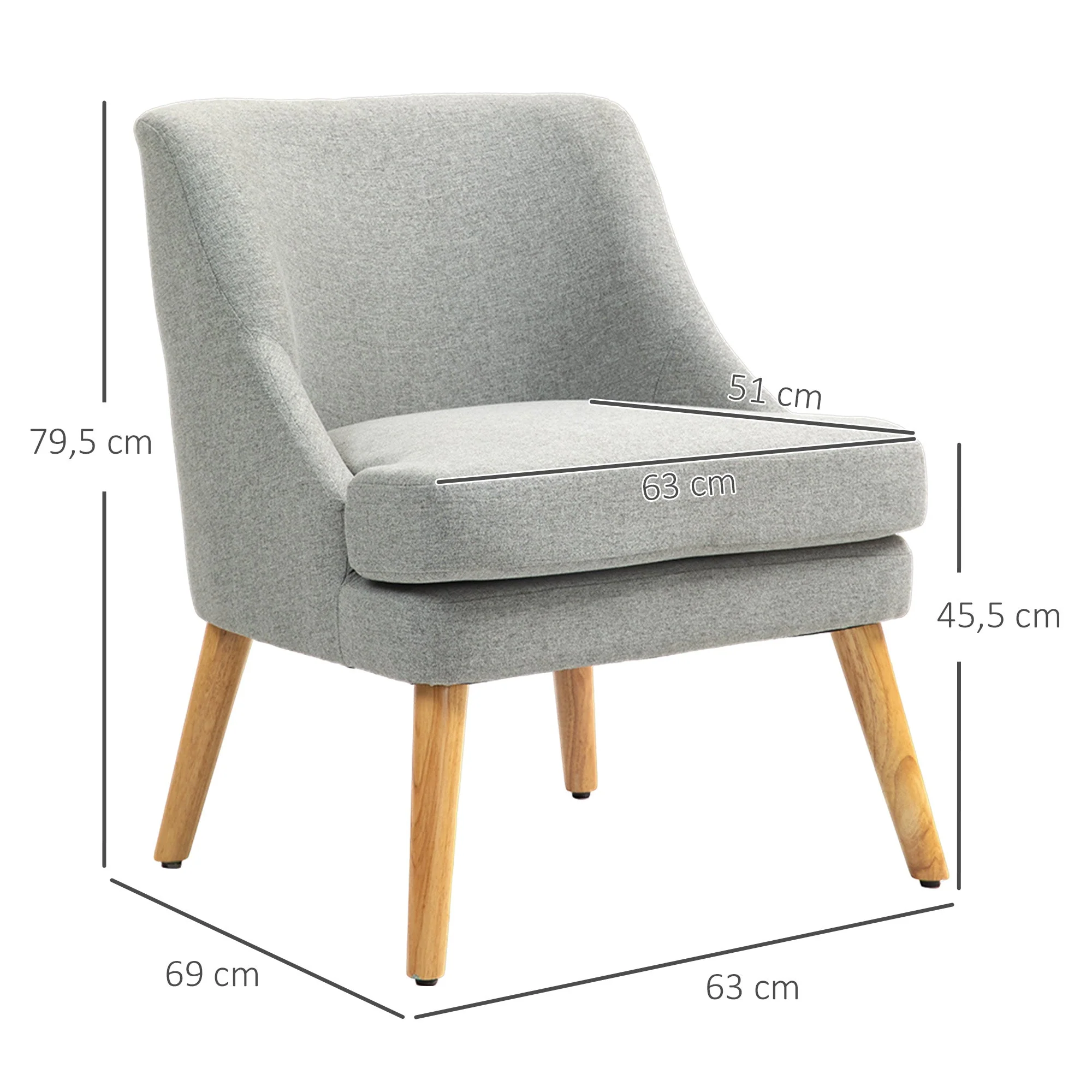 Armchair Lounge Chair, Upholstered with Armrest, Wooden Legs, Light Grey - Image 3