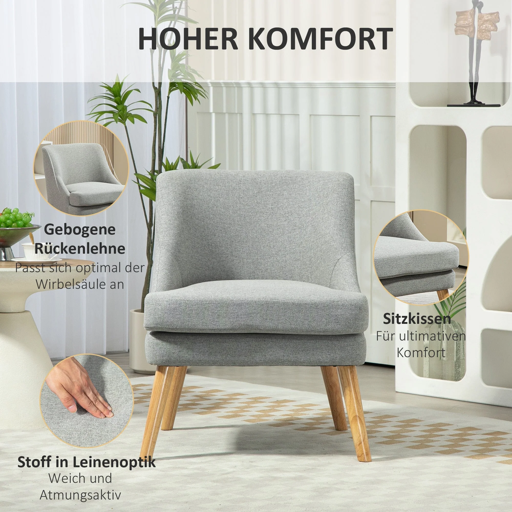 Armchair Lounge Chair, Upholstered with Armrest, Wooden Legs, Light Grey - Image 4