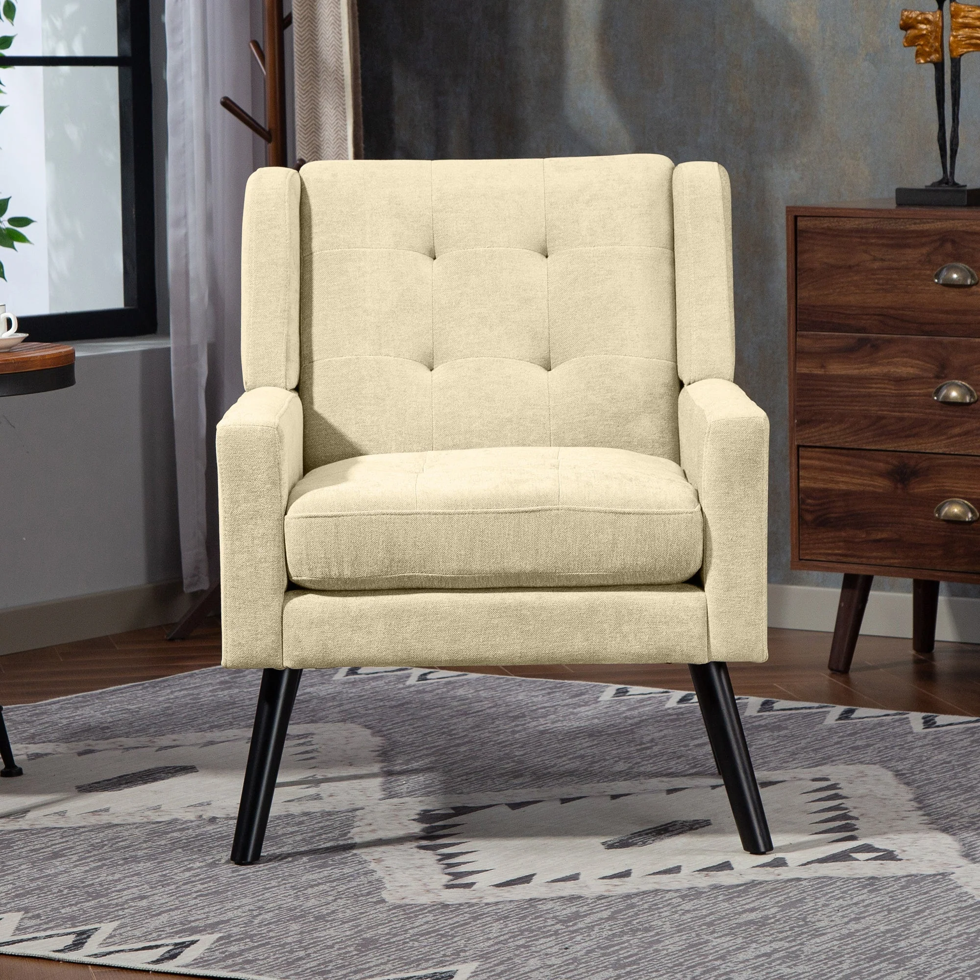 Armchair Mid-Century Modern Buttoned Suede Solid Wood Legs - Image 3