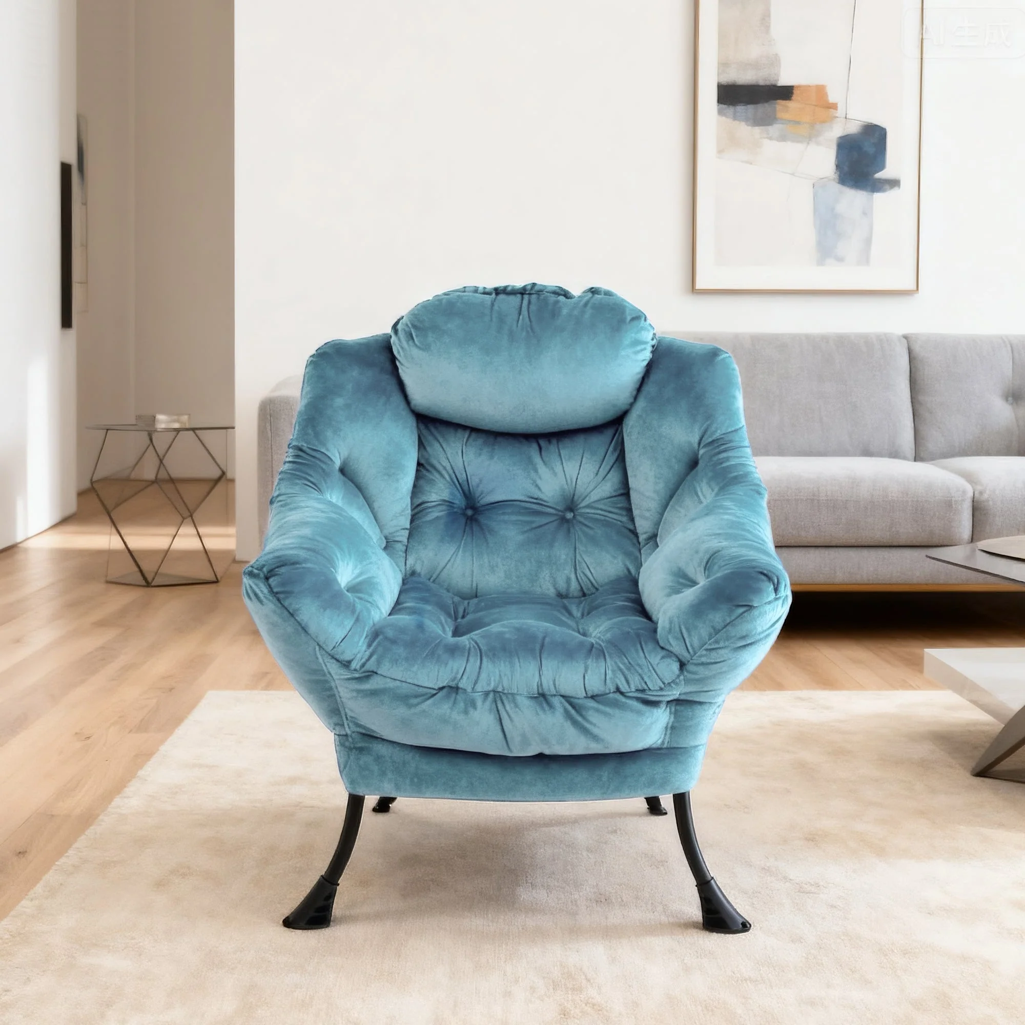 Armchair Recliner with Footstool, Armrests, Side Pocket - Blue - Image 3