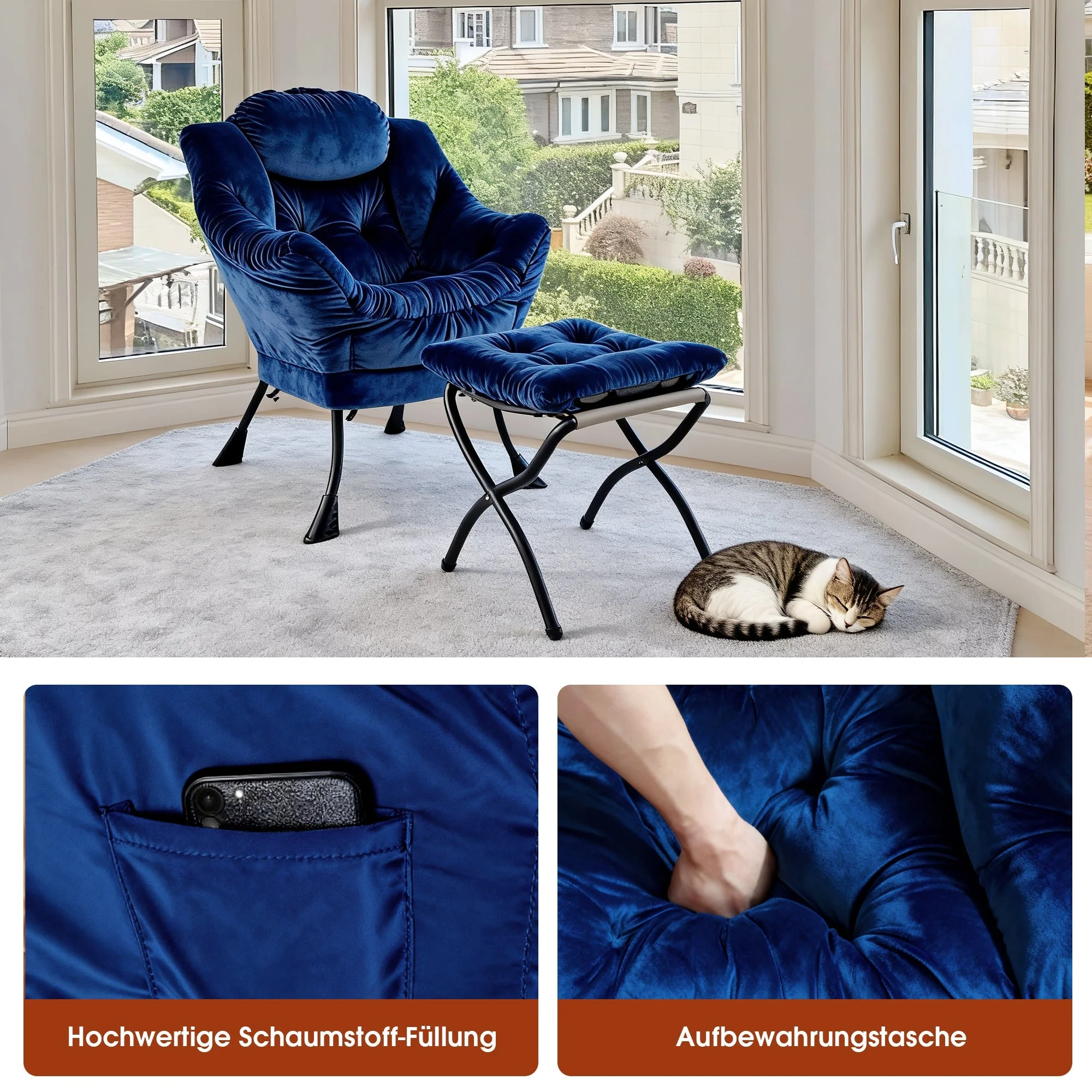 Armchair Recliner with Footstool Side Pocket - Dark Blue - Image 5