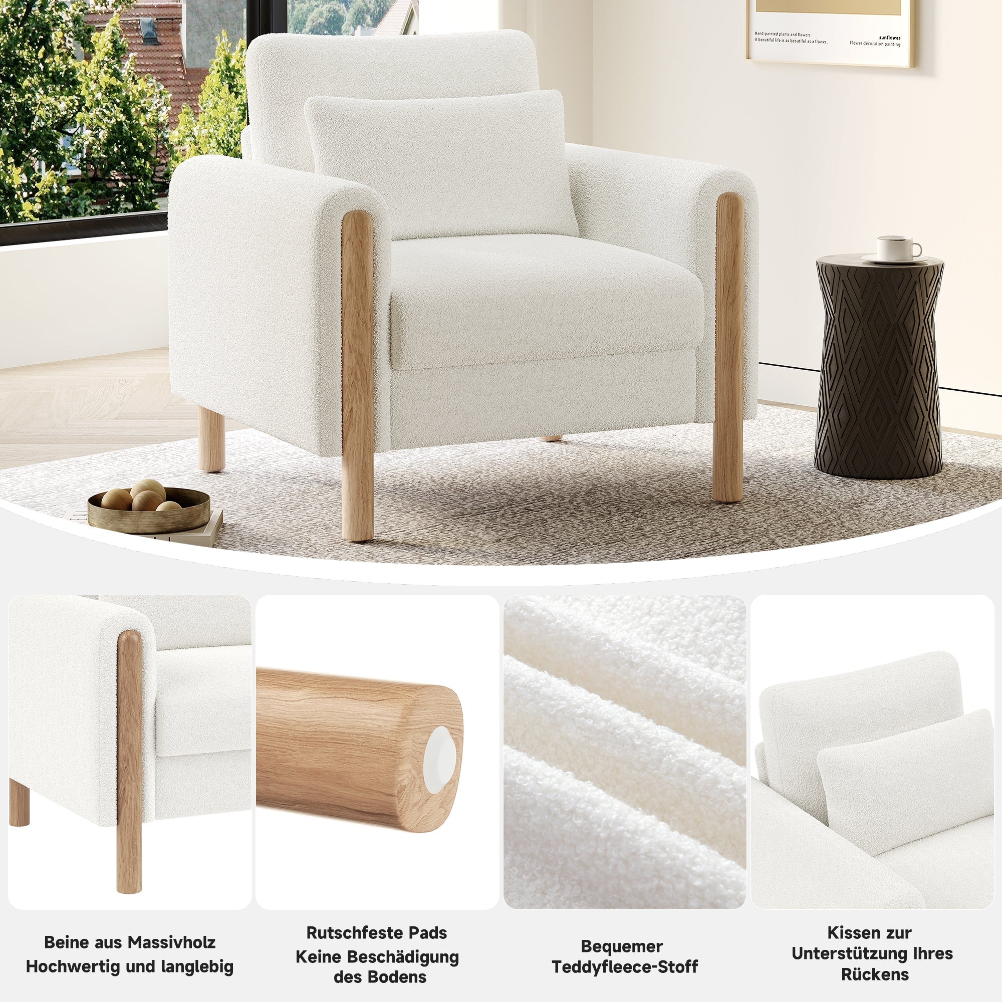 Armchair, Thick Cushion & Soft Upholstery, White - Image 4