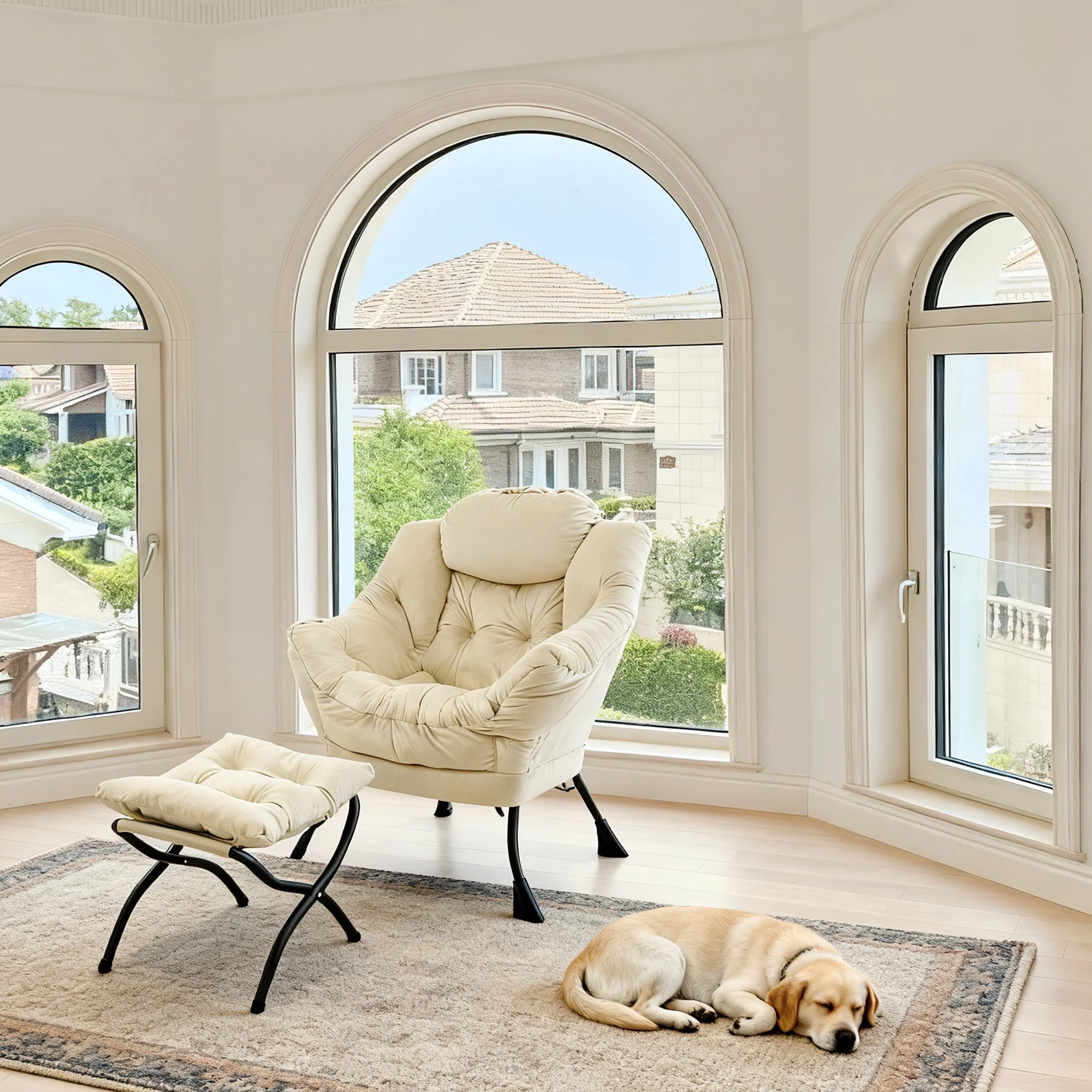 Armchair with Footstool Recliner Armrests Side Pocket - Beige