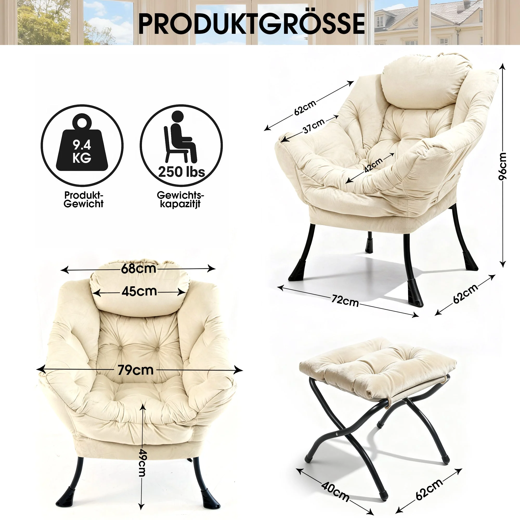 Armchair with Footstool Recliner Armrests Side Pocket - Beige - Image 4