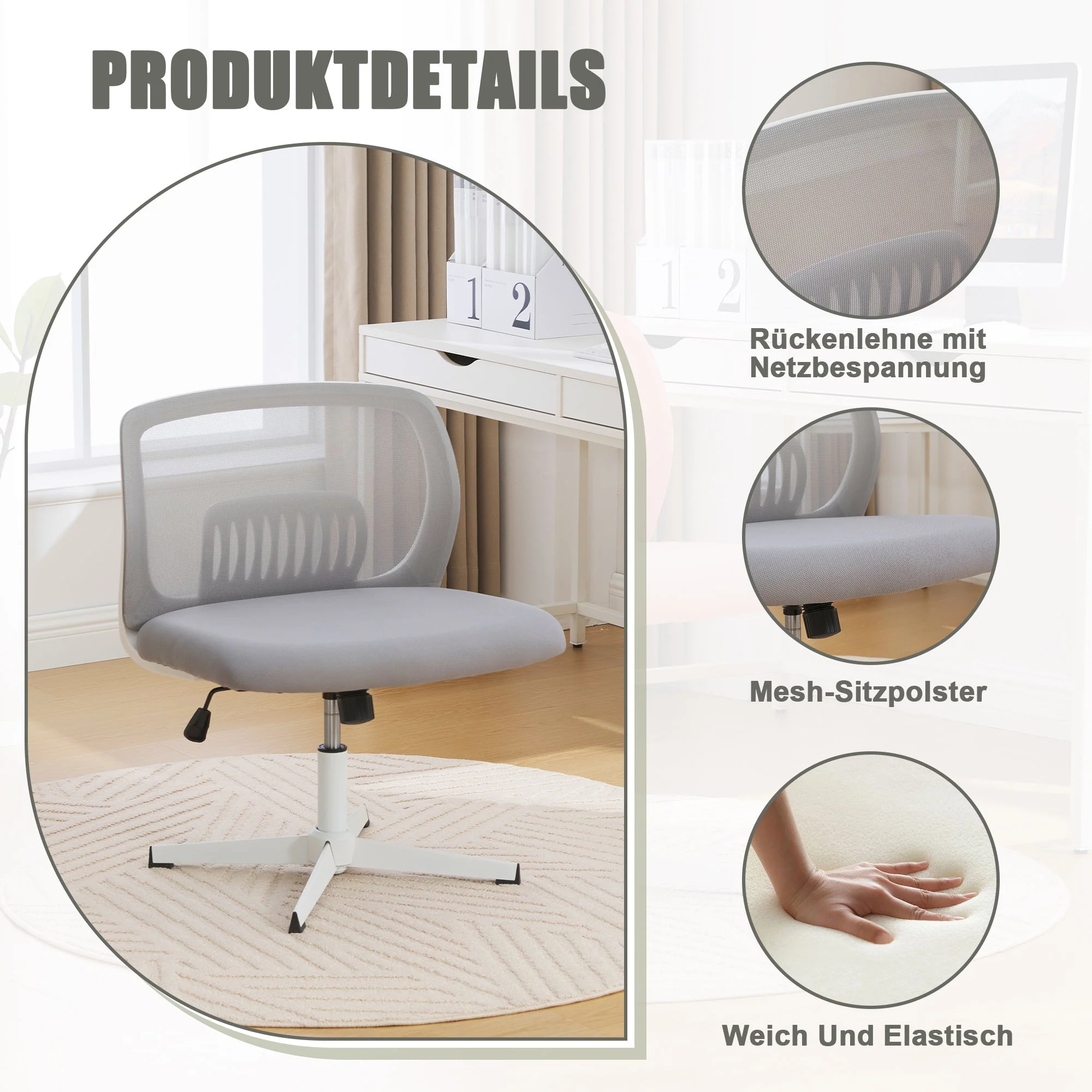 Armless Office Chair, Upholstered, Rocking, Height Adjustable, 360° Rotatable - Image 5