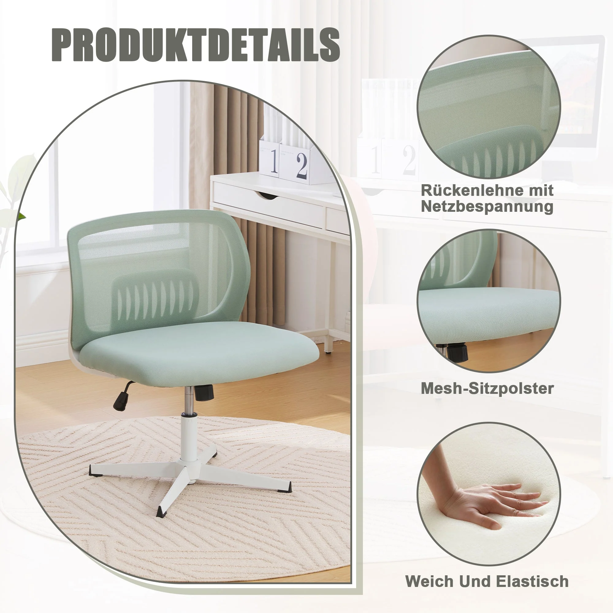 Armless office chairs, reading chairs with wide upholstery, rocking, height adjustable, 360° rotatable - Image 4