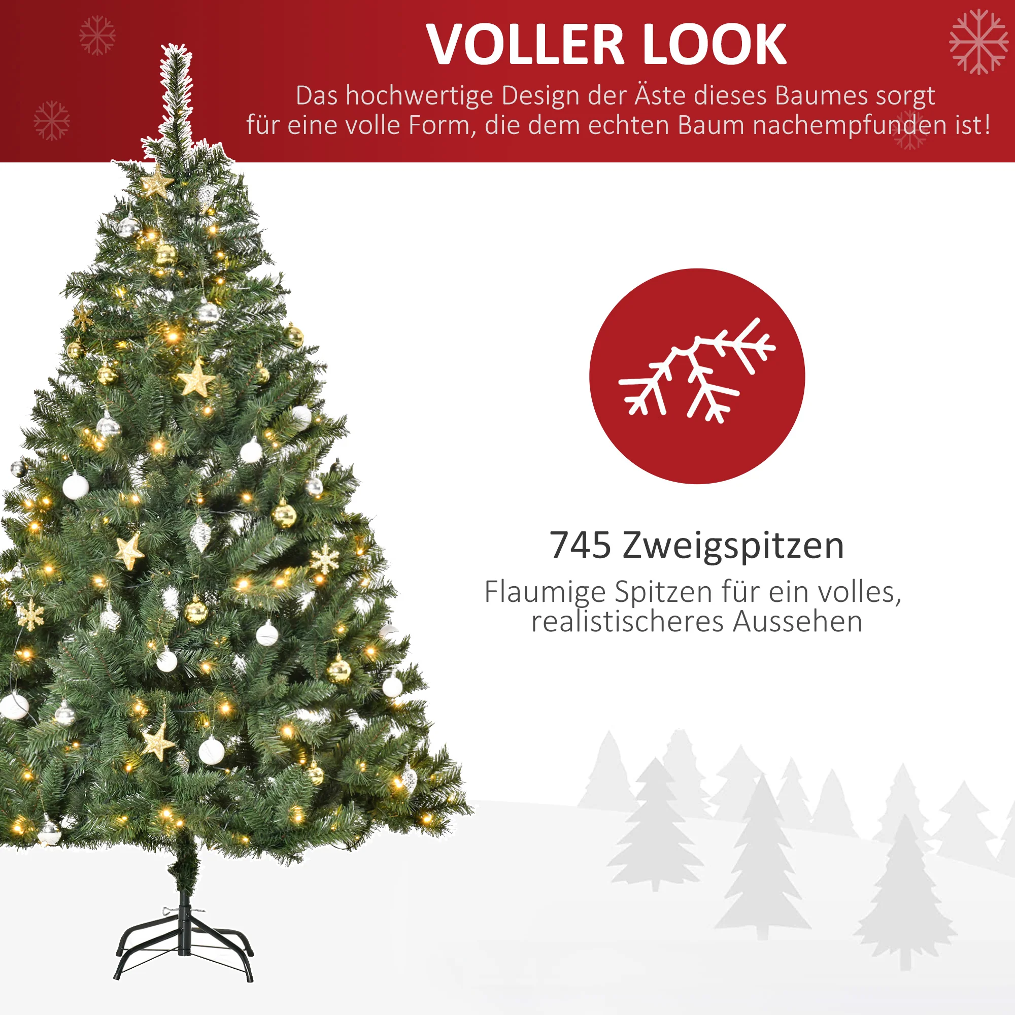 Artificial Christmas Tree 180 cm, Artificial Fir Tree with LED Lighting, Baubles, Christmas Tree with 745 Tips, Christmas Decoration Including Metal Stand for Indoor Use - Image 6