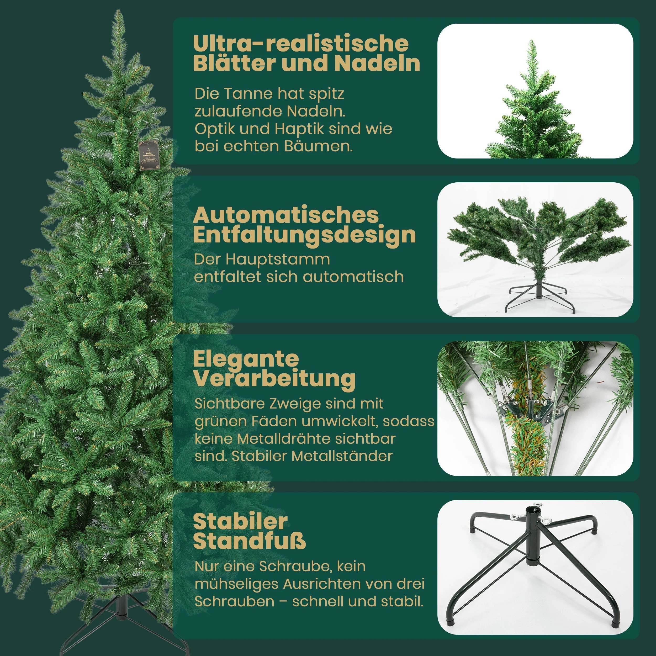 Artificial Christmas Tree 180cm, 1097 Tips, with Lights & Stand, PVC - Image 7