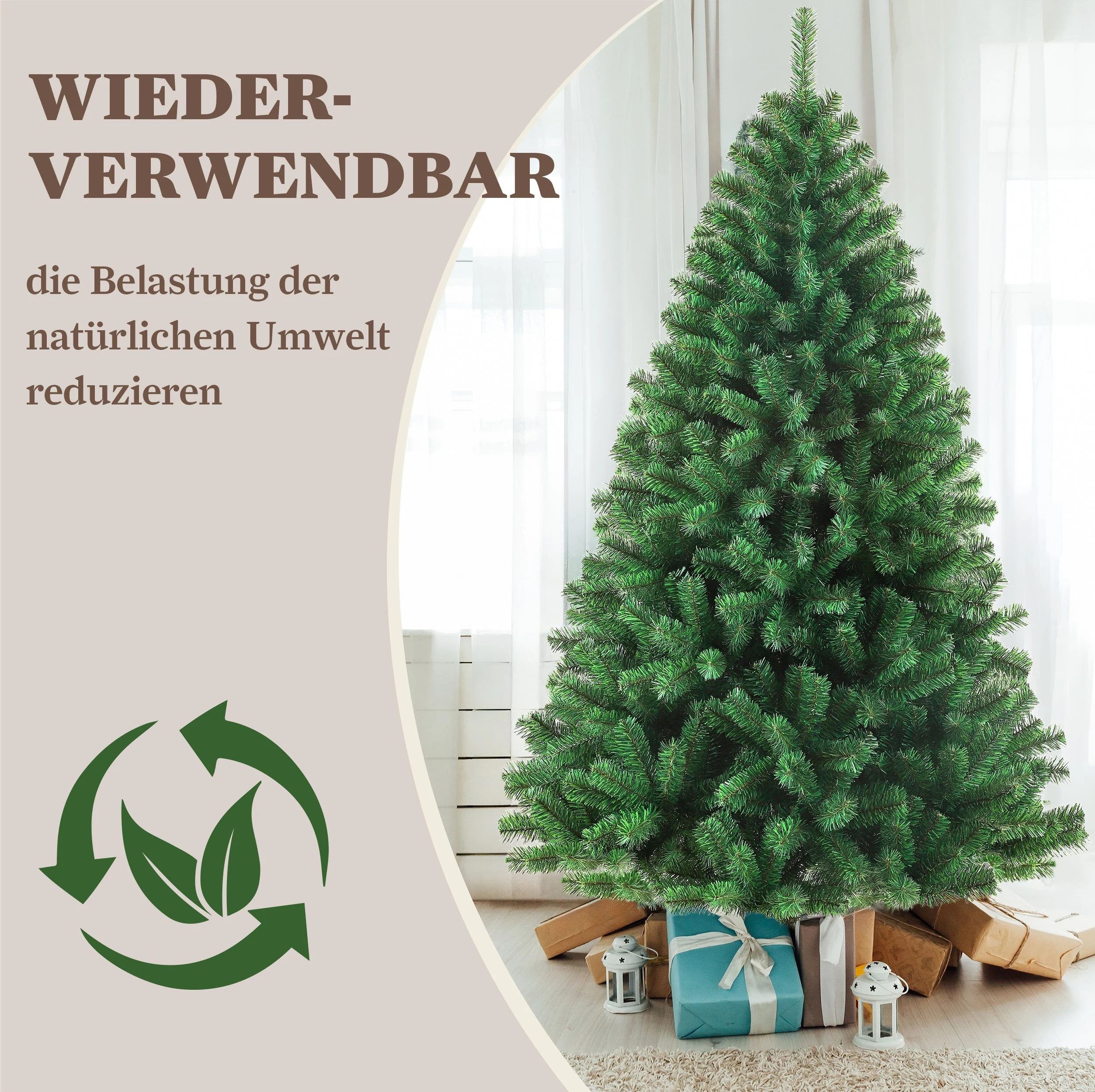 Artificial Christmas Tree, 210cm 1050 Tips Realistic, PVC with Metal Stand - Image 4