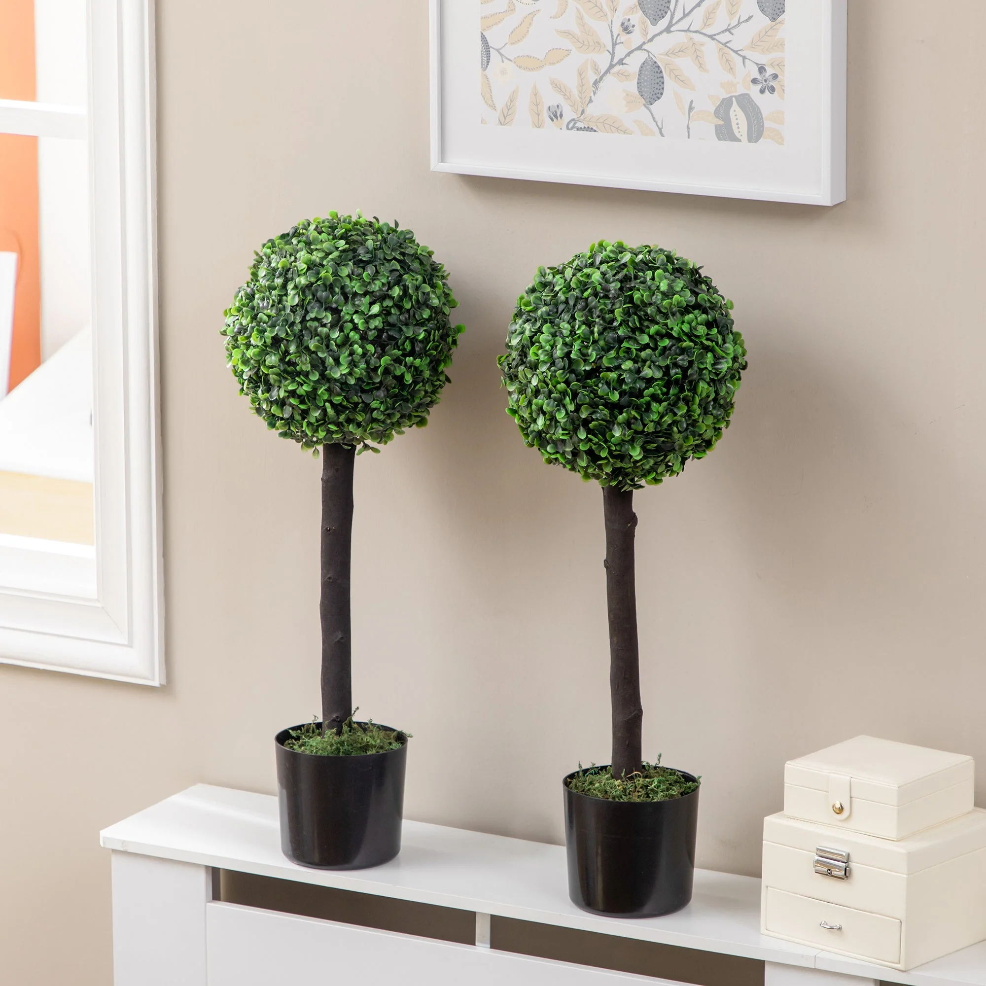 Artificial Plants, 2-Piece 60cm UV-Resistant Boxwood with Flower Pot, Green PEVA