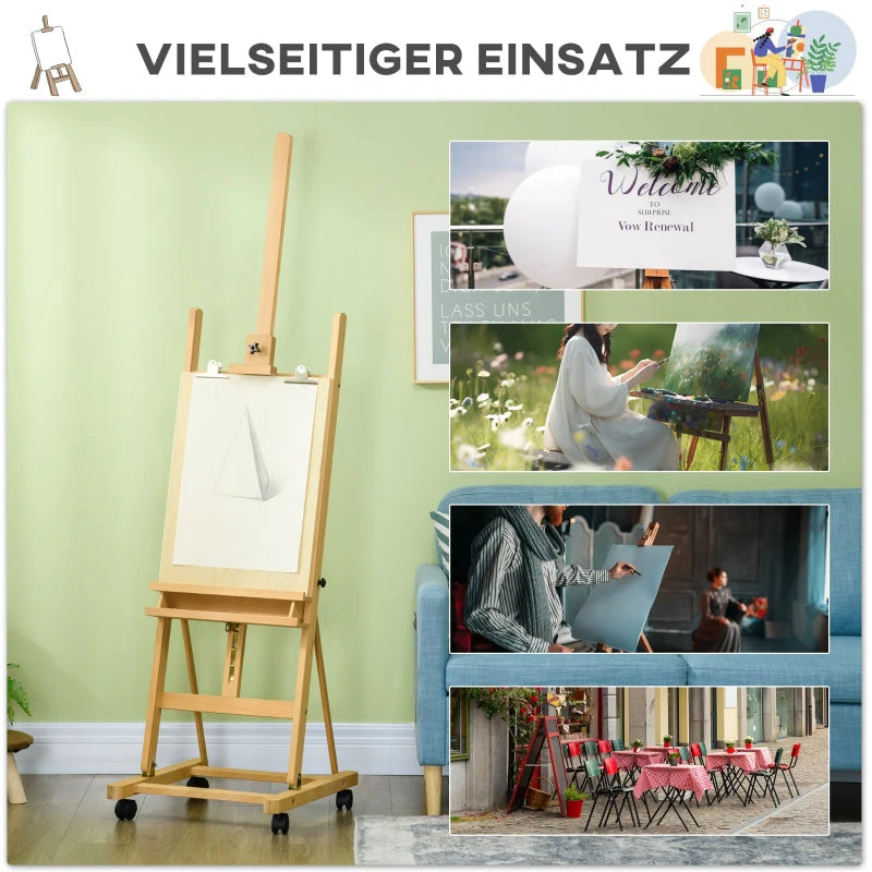 Artist's Easel, Height Adjustable 4 Wheels, Natural + Black - Image 6