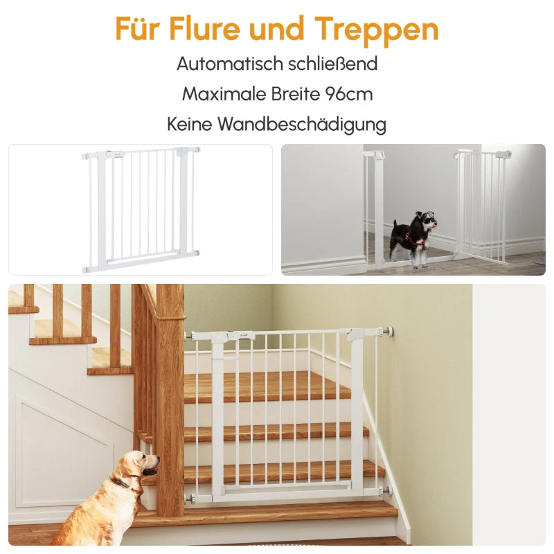 Baby Gate Auto-Close Drill-Free One-Hand Adjustable 75-96cm - White Metal - Image 4