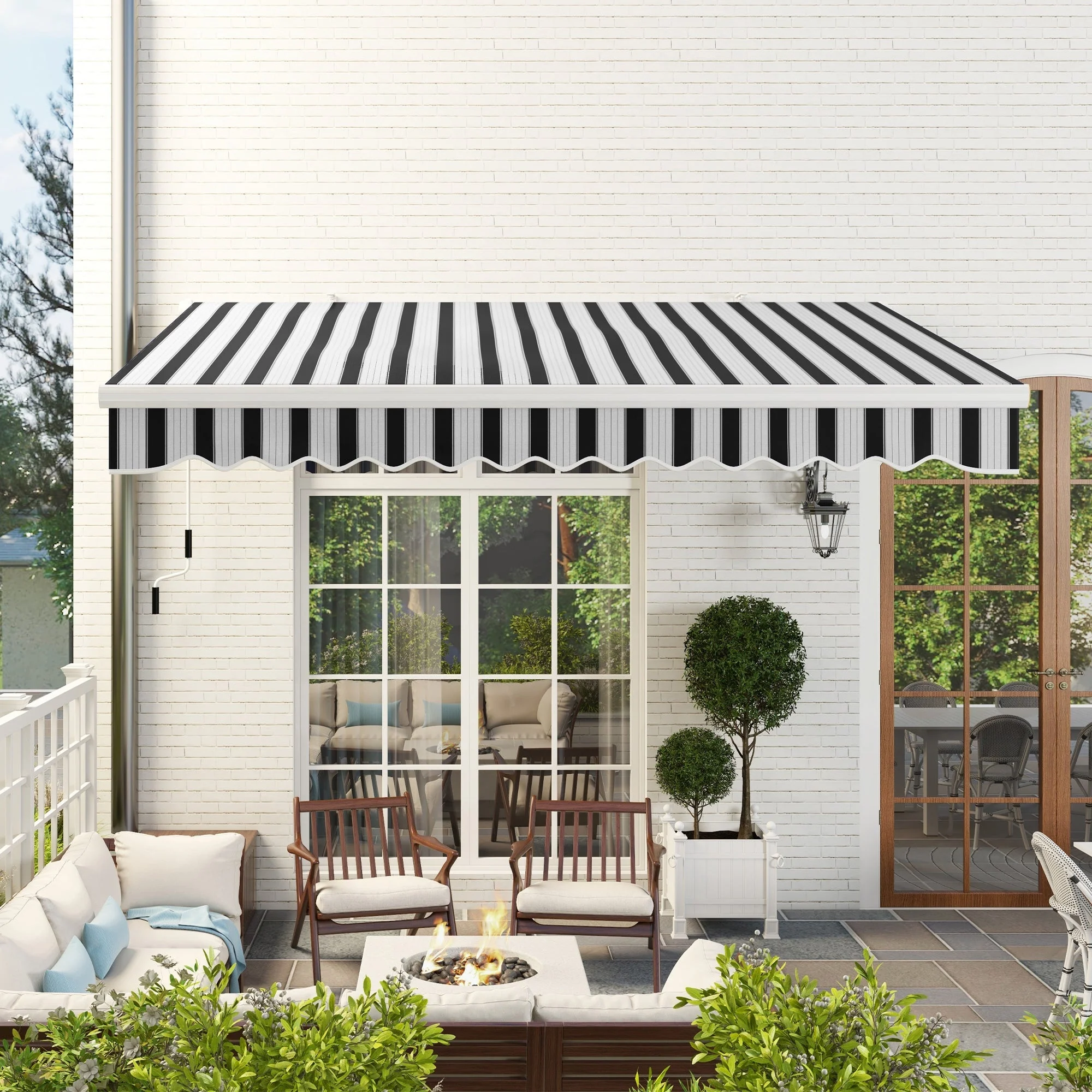 Balcony Awning UV-Resistant Hand Crank Aluminum Polyester, White+Blue - Image 2