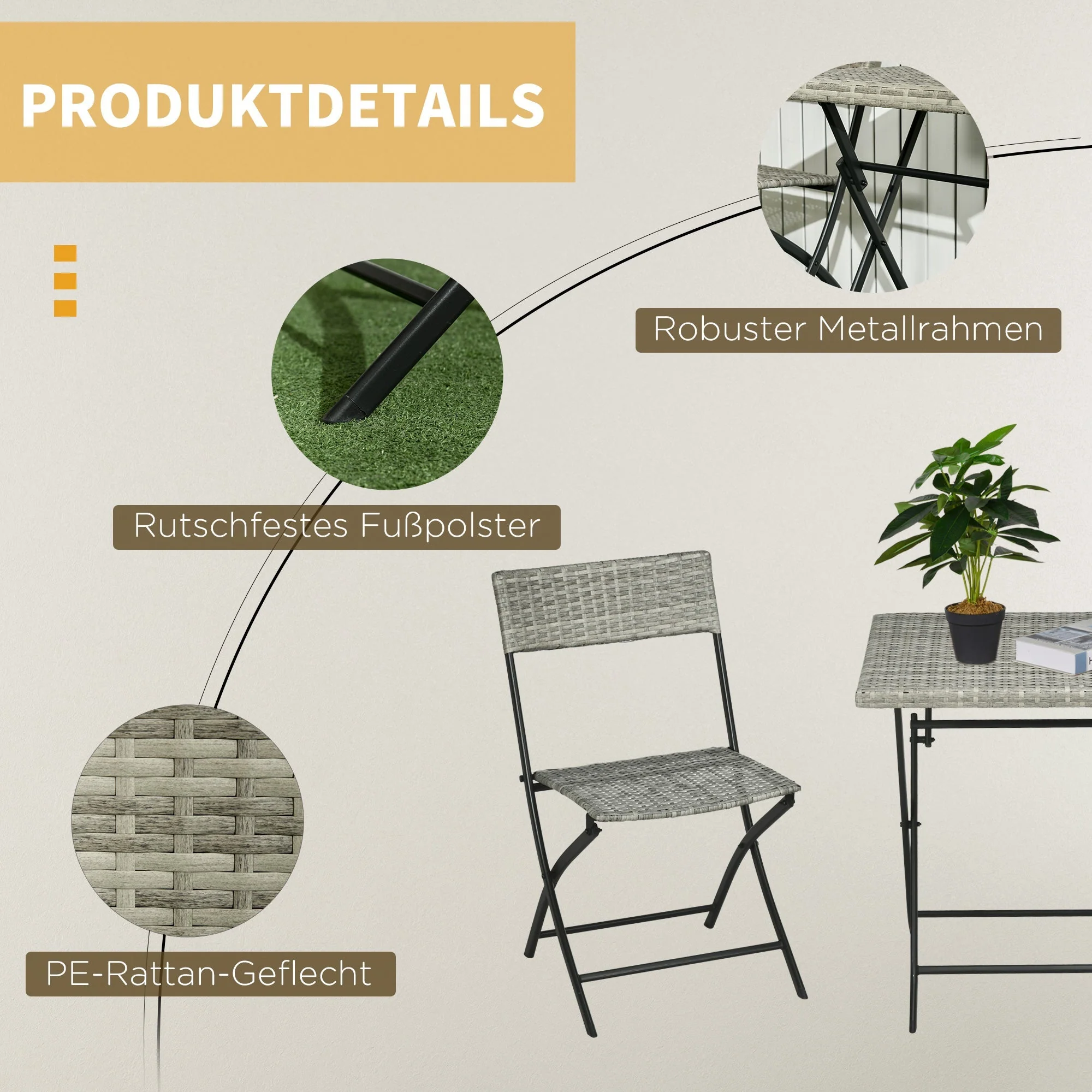 Balcony Furniture Set, 3-Piece Rattan Bistro with 2 Folding Chairs and Table, Light Grey Metal - Image 5