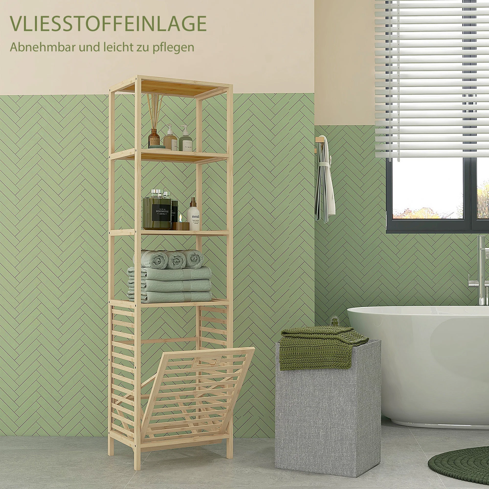 Bamboo Bathroom Shelf, 3 Open Shelves, Extendable Basket, Natural - Image 5