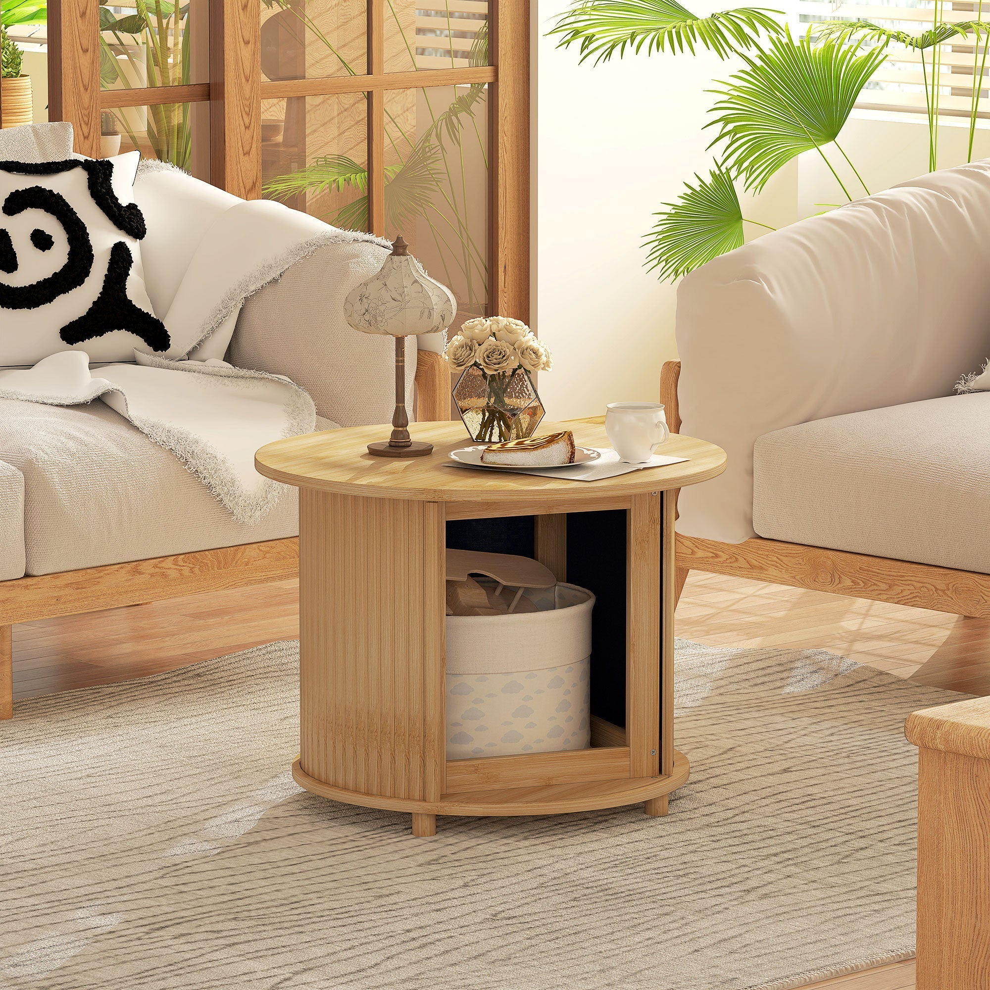 Bamboo Coffee Table, Hidden Storage Round Side Table, Natural