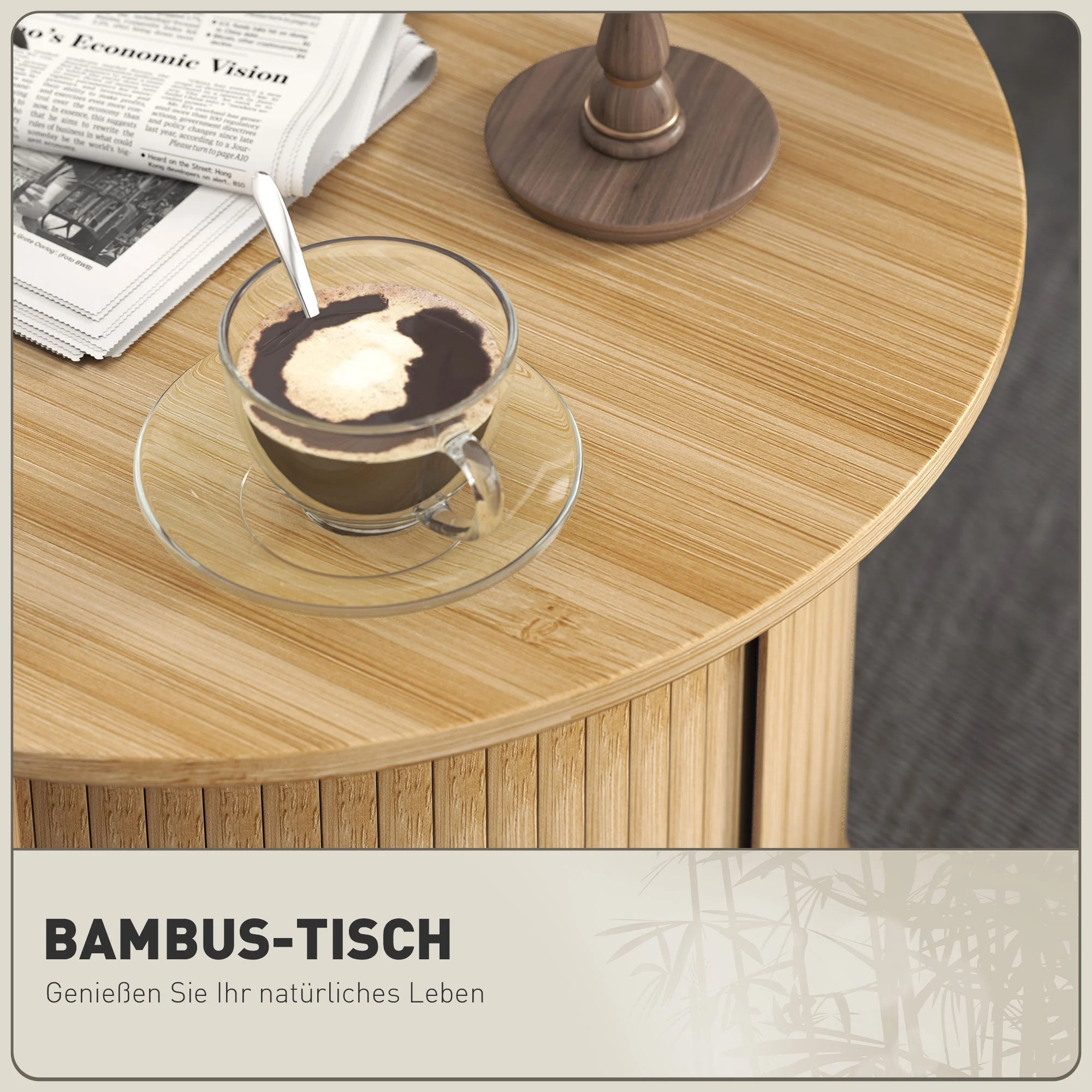 Bamboo Coffee Table, Hidden Storage Round Side Table, Natural - Image 4