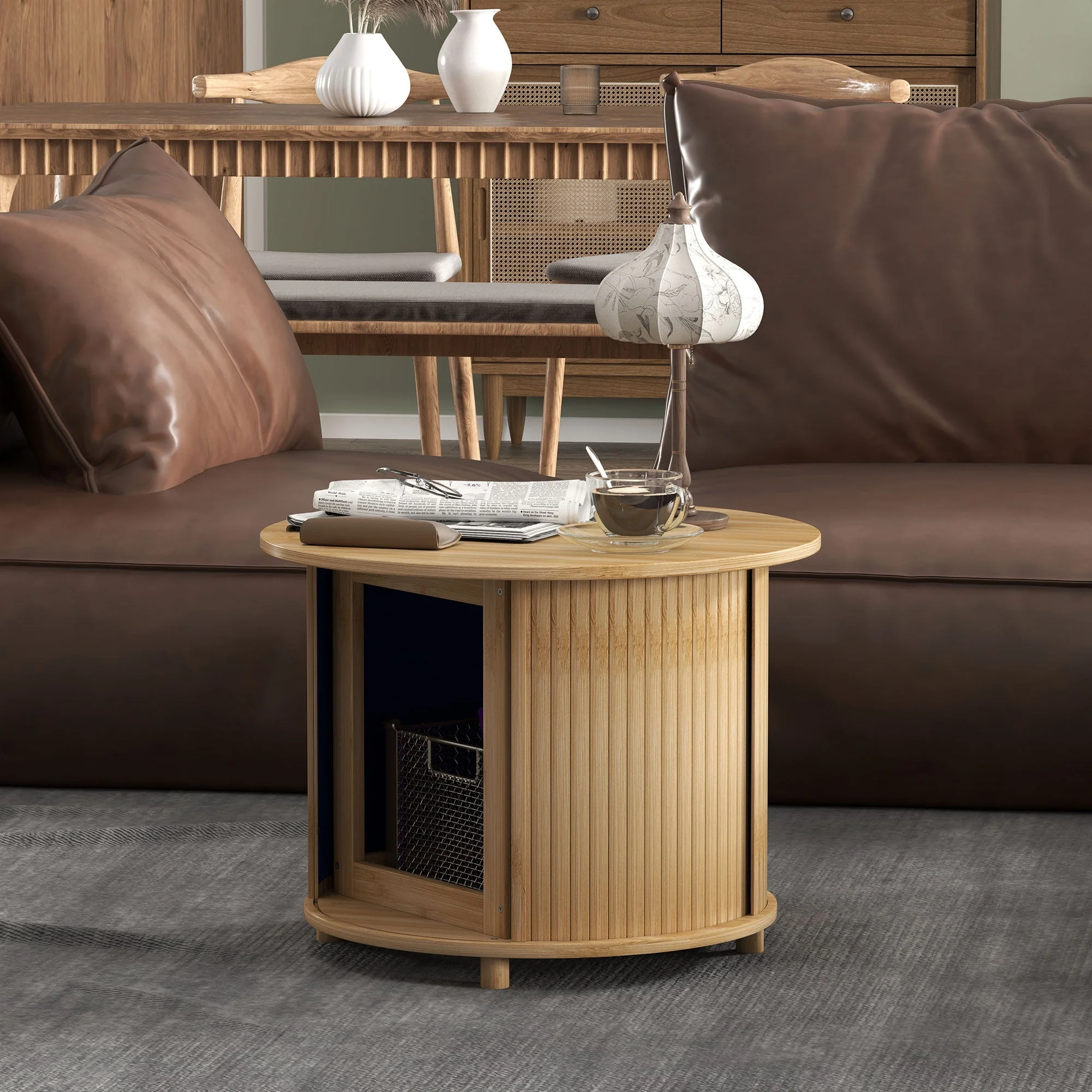 Bamboo Coffee Table, Hidden Storage Round Side Table, Natural - Image 7